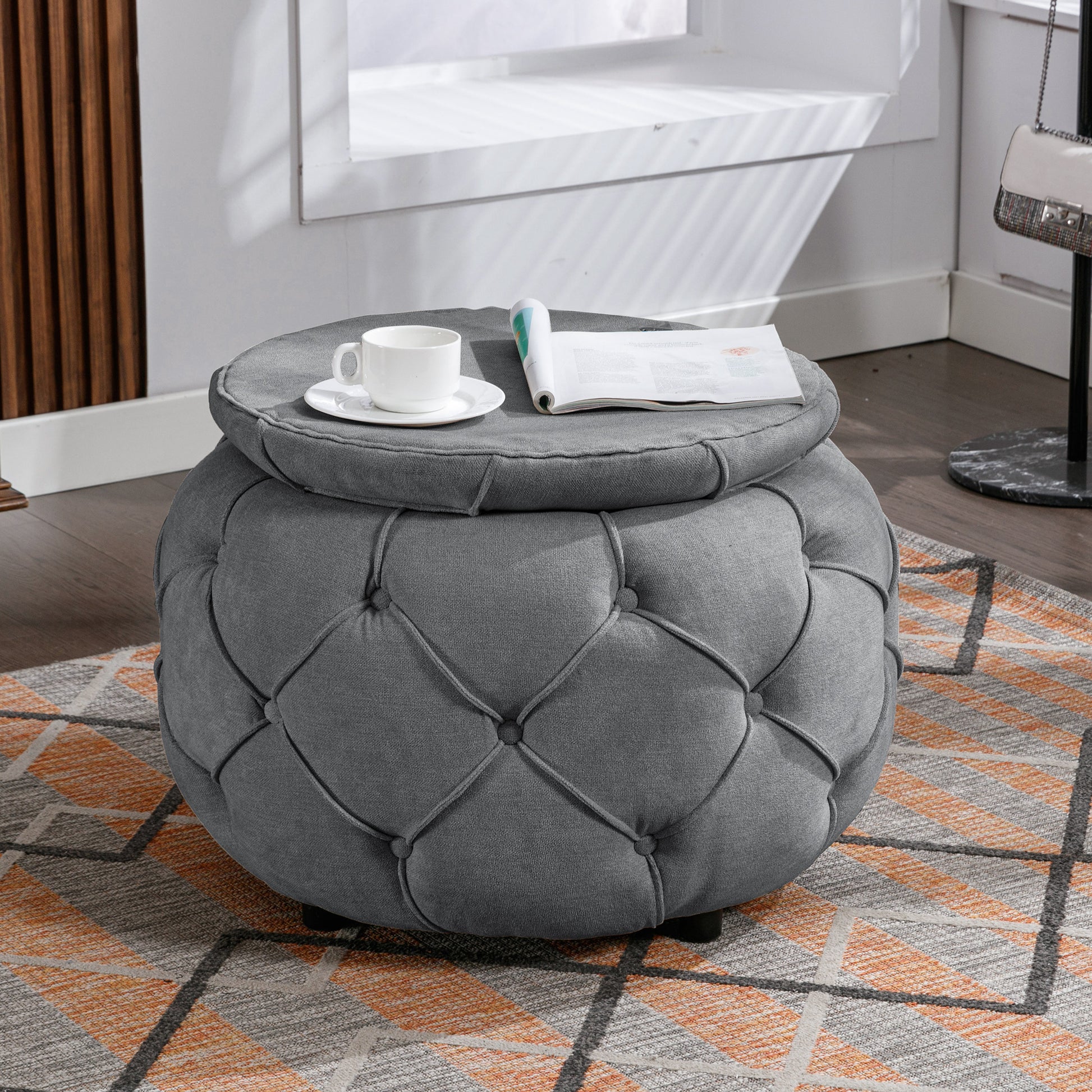 Large Button Tufted Woven Round Storage Ottoman For Living Room & Bedroom,17.7"H Burlap Grey Grey Burlap