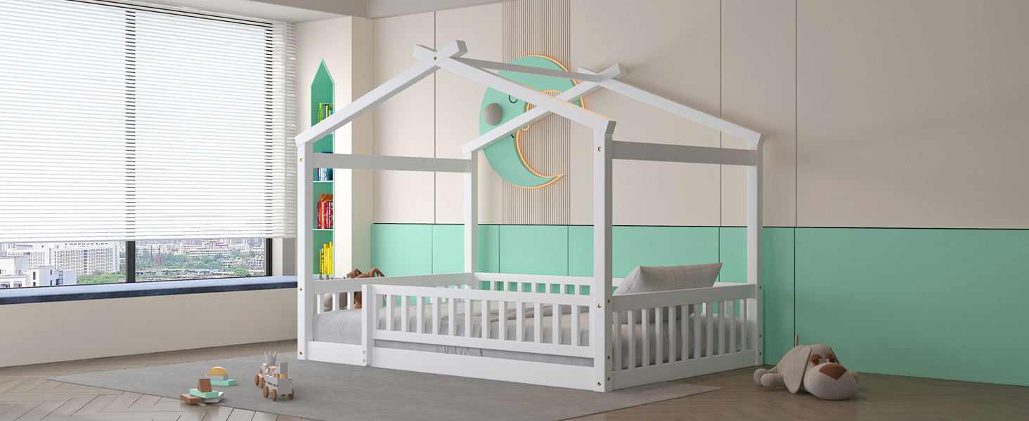 Full Size Wood Bed House Bed Frame With Fence, For Kids, Teens, Girls, Boys,White Box Spring Not Required Full White Wood Pine Bed Frame Wood