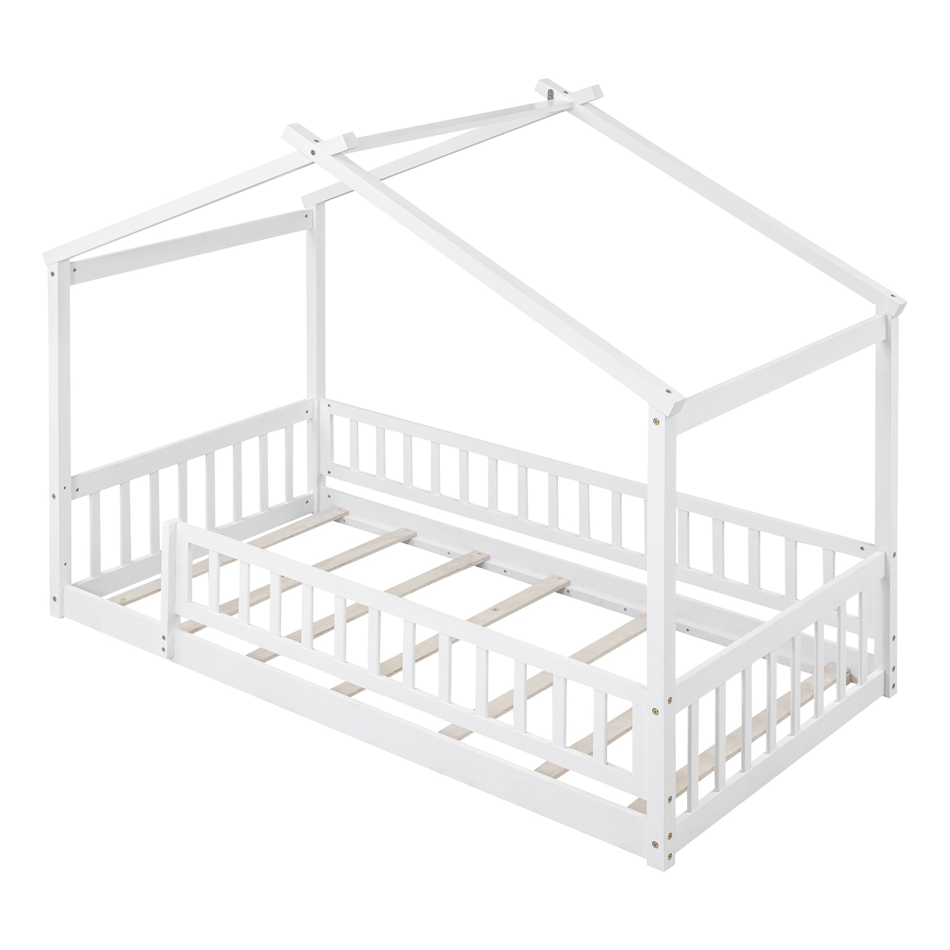 Twin Size Wood Bed House Bed Frame With Fence, For Kids, Teens, Girls, Boys,White Box Spring Not Required Twin White Wood White Pine Bed Frame Wood