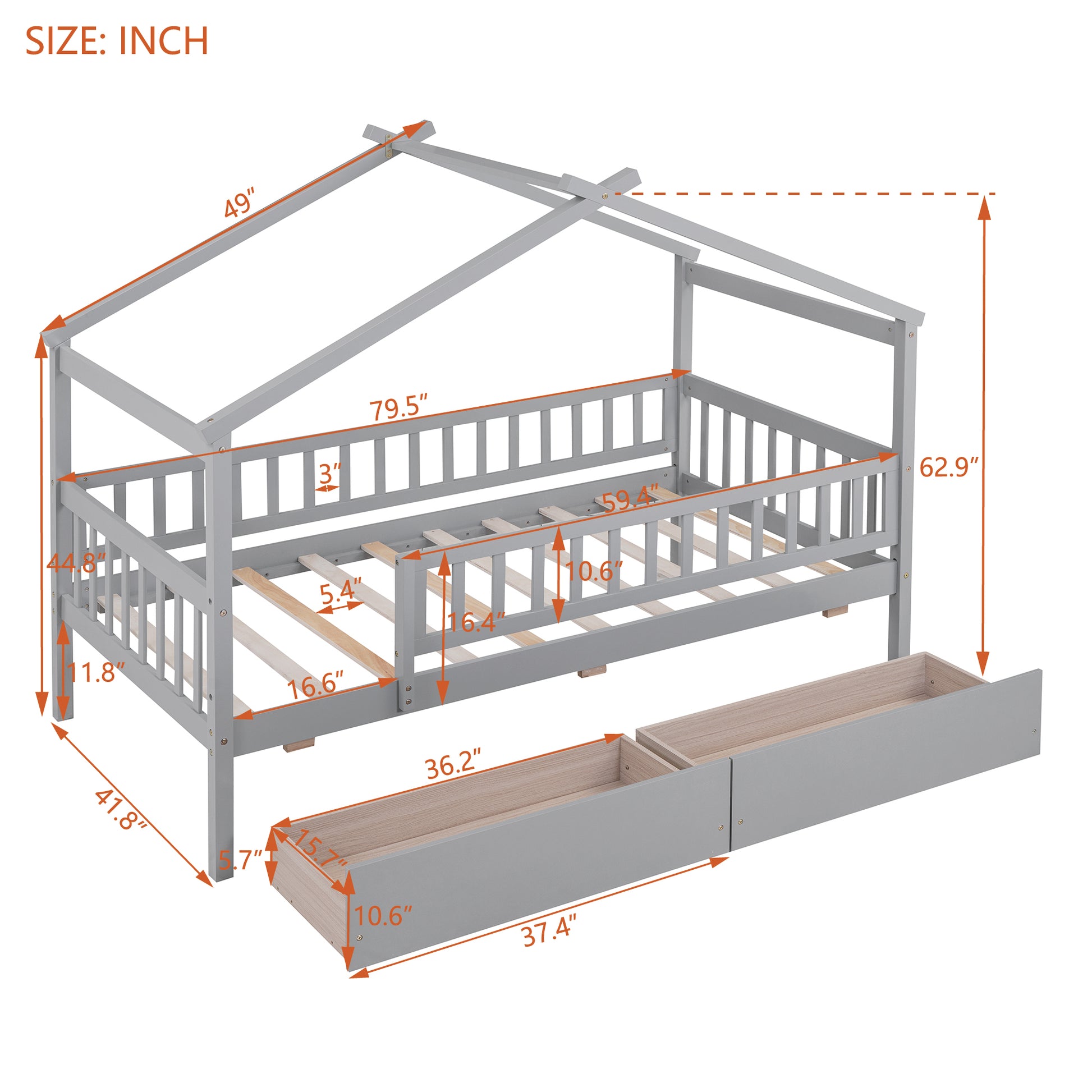 Twin Size Wooden House Bed With Two Drawers, Gray Box Spring Not Required Twin Gray Wood Gray Bedroom Pine Bed Frame Wood