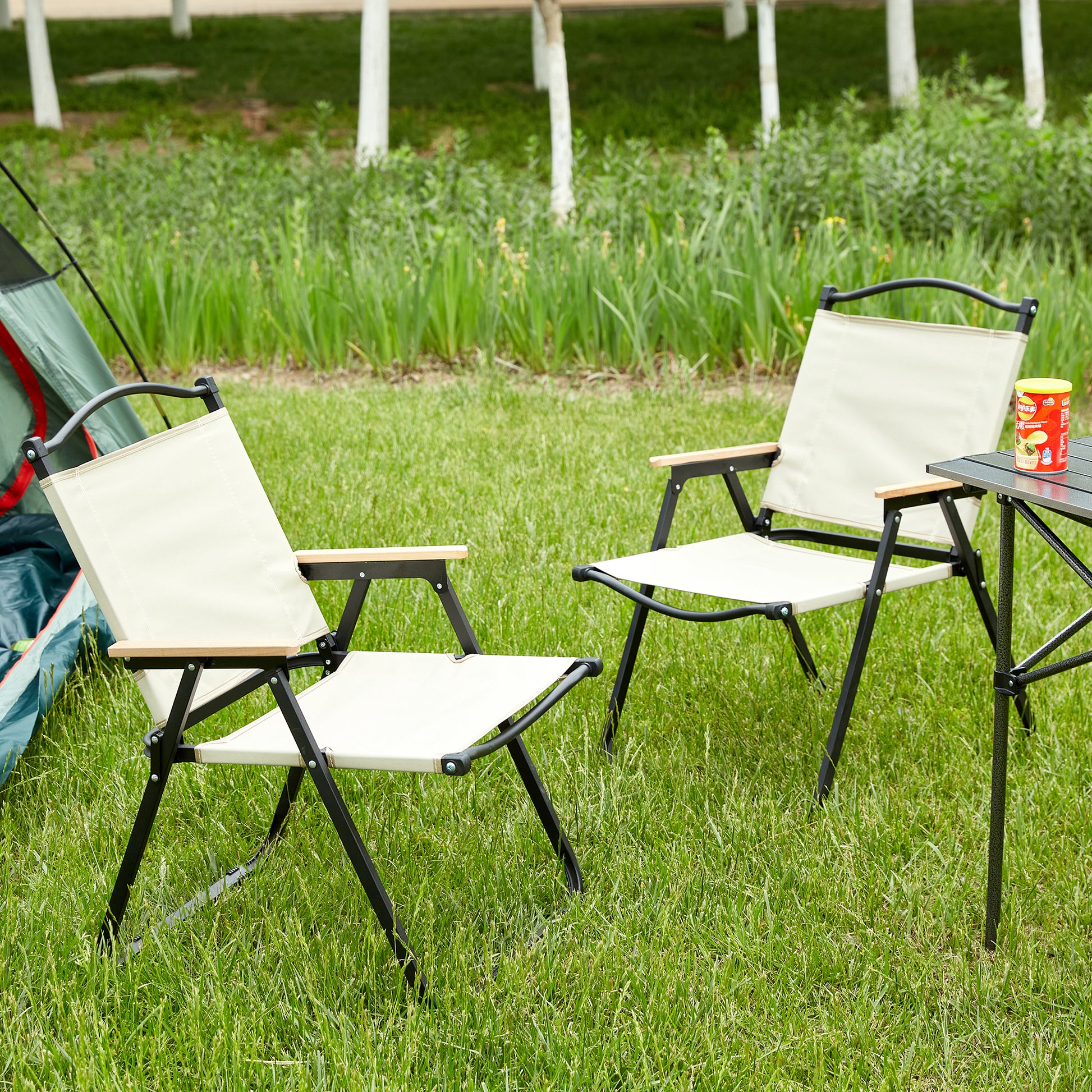 2 Piece Folding Outdoor Chair For Indoor, Outdoor Camping, Picnics, Beach,Backyard, Bbq, Party, Patio, Beige Beige Garden & Outdoor Modern Oxford Fabric