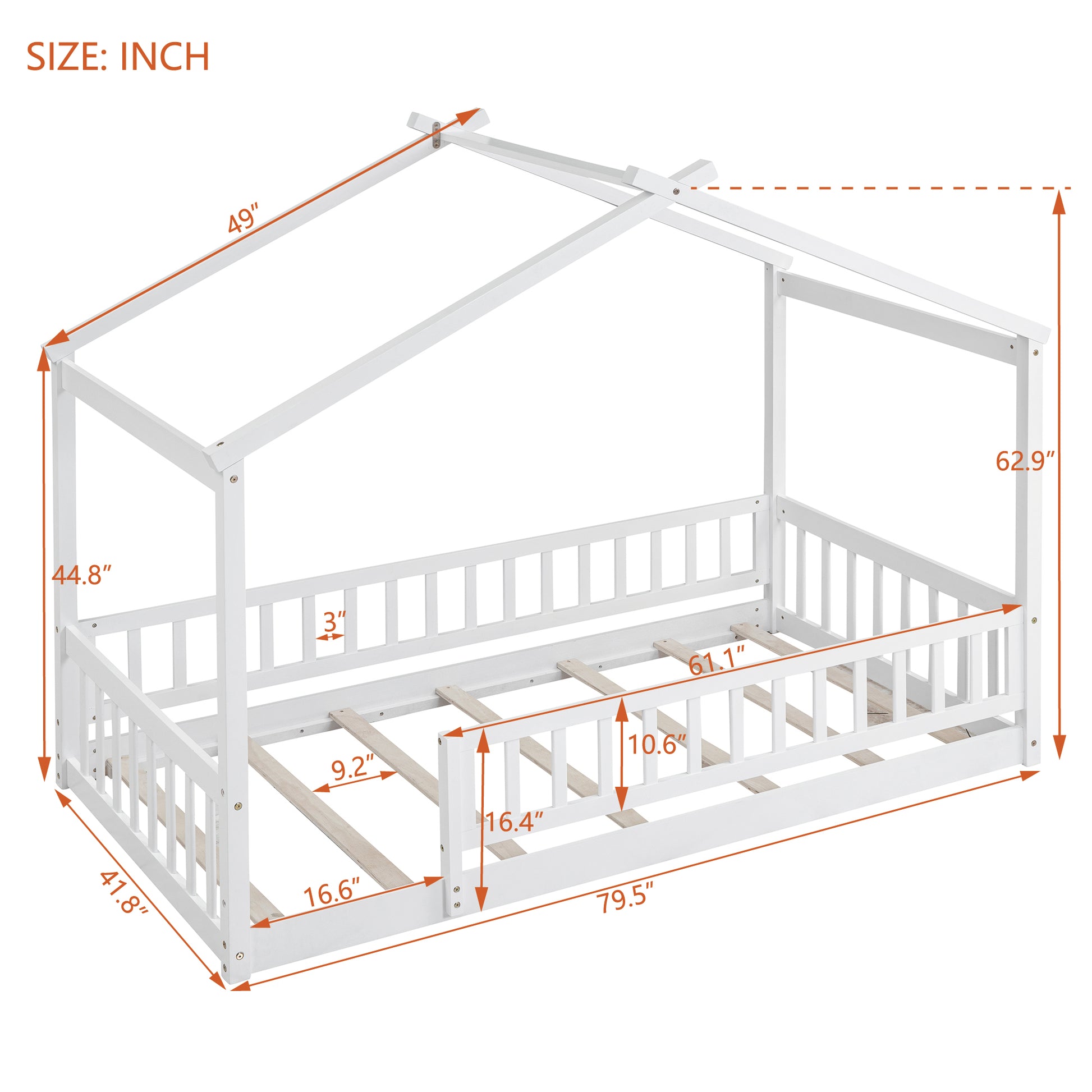 Twin Size Wood Bed House Bed Frame With Fence, For Kids, Teens, Girls, Boys,White Box Spring Not Required Twin White Wood White Pine Bed Frame Wood