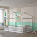 Full Size Wood Bed House Bed Frame With Fence, For Kids, Teens, Girls, Boys,White Box Spring Not Required Full White Wood Pine Bed Frame Wood