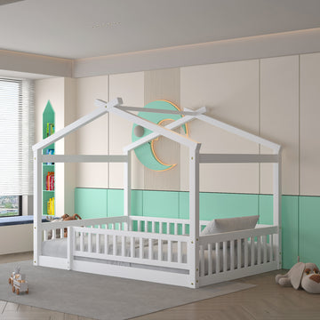 Full Size Wood Bed House Bed Frame With Fence, For Kids, Teens, Girls, Boys,White Box Spring Not Required Full White Wood Pine Bed Frame Wood