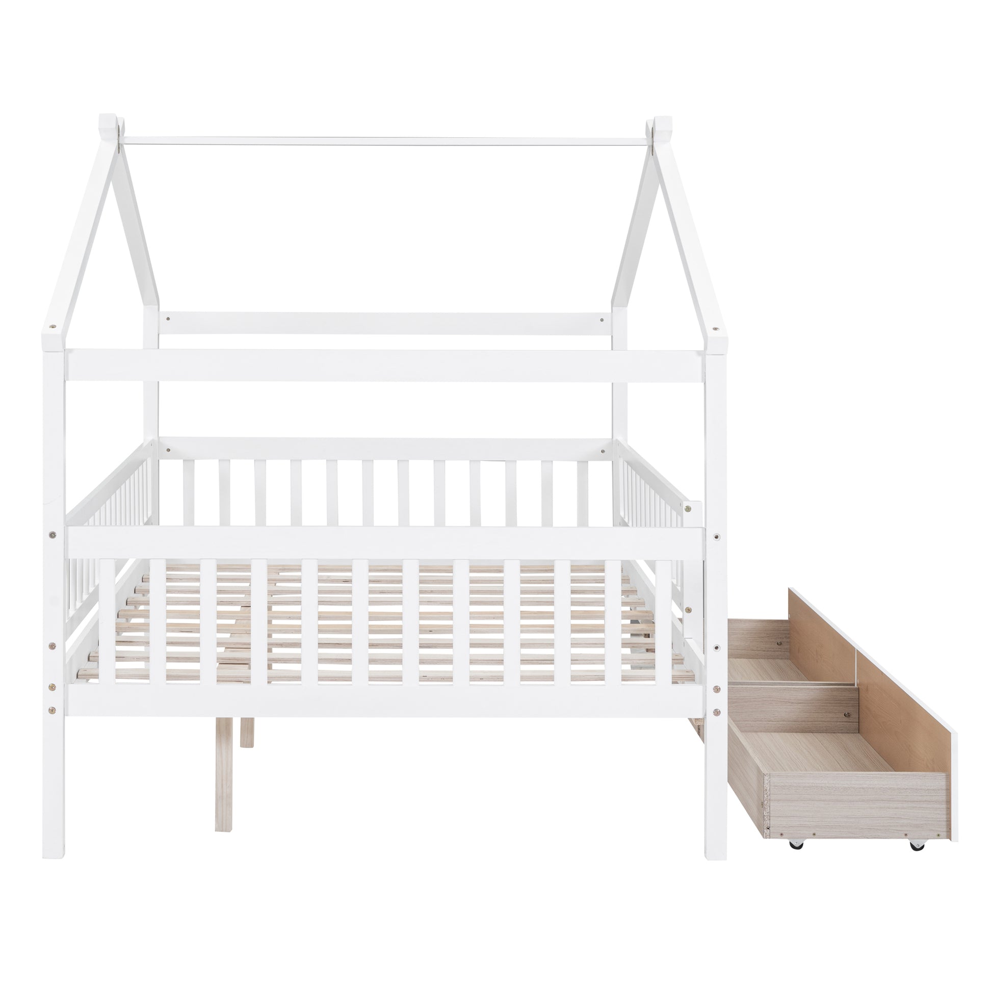 Full Size Wooden House Bed With Two Drawers, White Box Spring Not Required Full White Wood White Bedroom Pine Bed Frame Wood