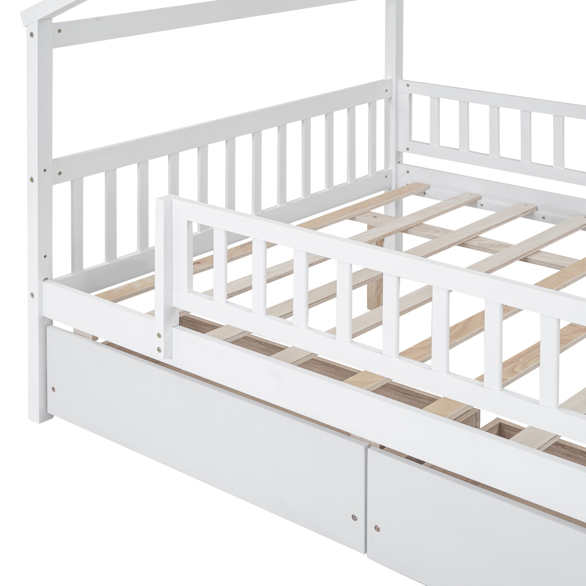 Full Size Wooden House Bed With Two Drawers, White Box Spring Not Required Full White Wood White Bedroom Pine Bed Frame Wood