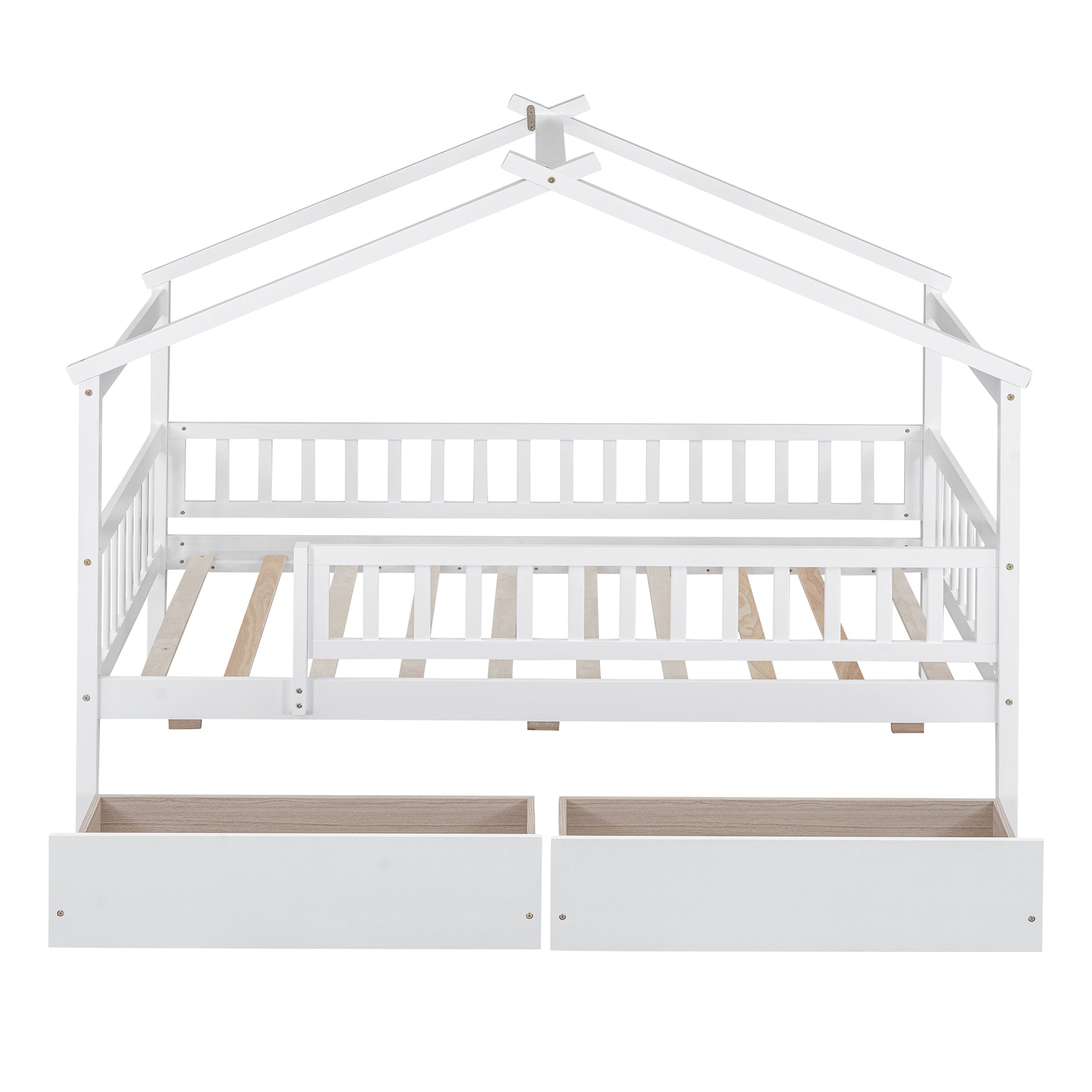 Twin Size Wooden House Bed With Two Drawers, White Box Spring Not Required Twin White Wood White Bedroom Pine Bed Frame Wood