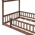 Twin Size Wood Bed House Bed Frame With Fence, For Kids, Teens, Girls, Boys, Walnut Box Spring Not Required Twin Walnut Wood Pine Bed Frame Wood