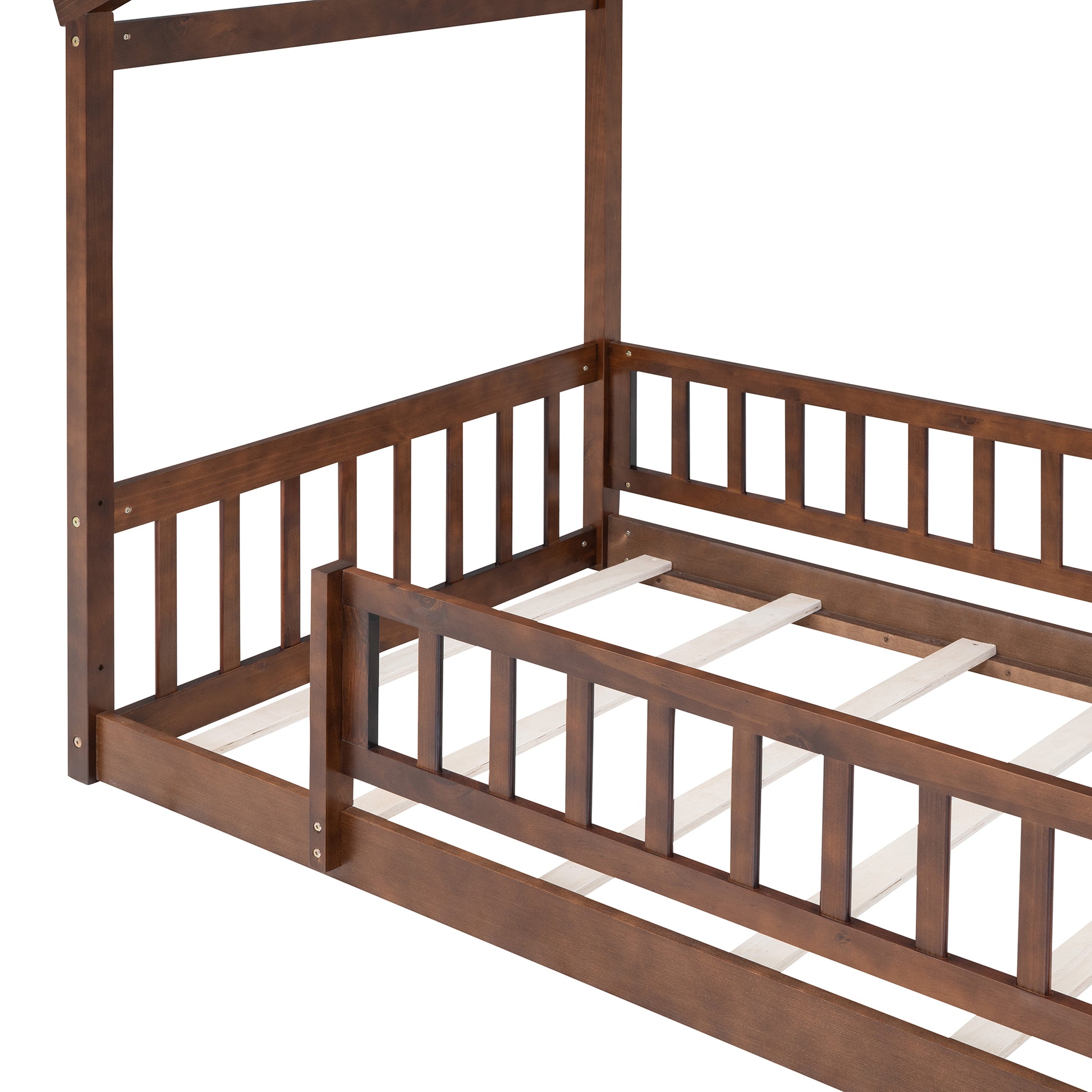 Twin Size Wood Bed House Bed Frame With Fence, For Kids, Teens, Girls, Boys, Walnut Box Spring Not Required Twin Walnut Wood Pine Bed Frame Wood