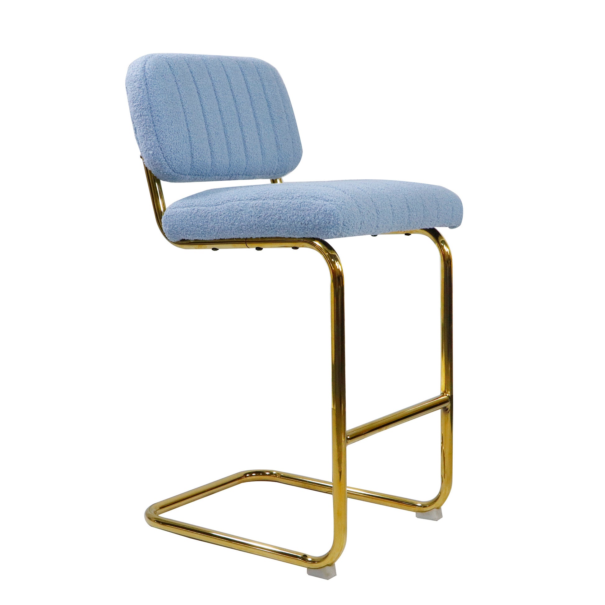 Mid Century Modern Counter Height Bar Stools For Kitchen Set Of 2, Armless Bar Chairs With Gold Metal Chrome Base For Dining Room, Upholstered Boucle Fabric Counter Stools, Blue Blue Faux Fur