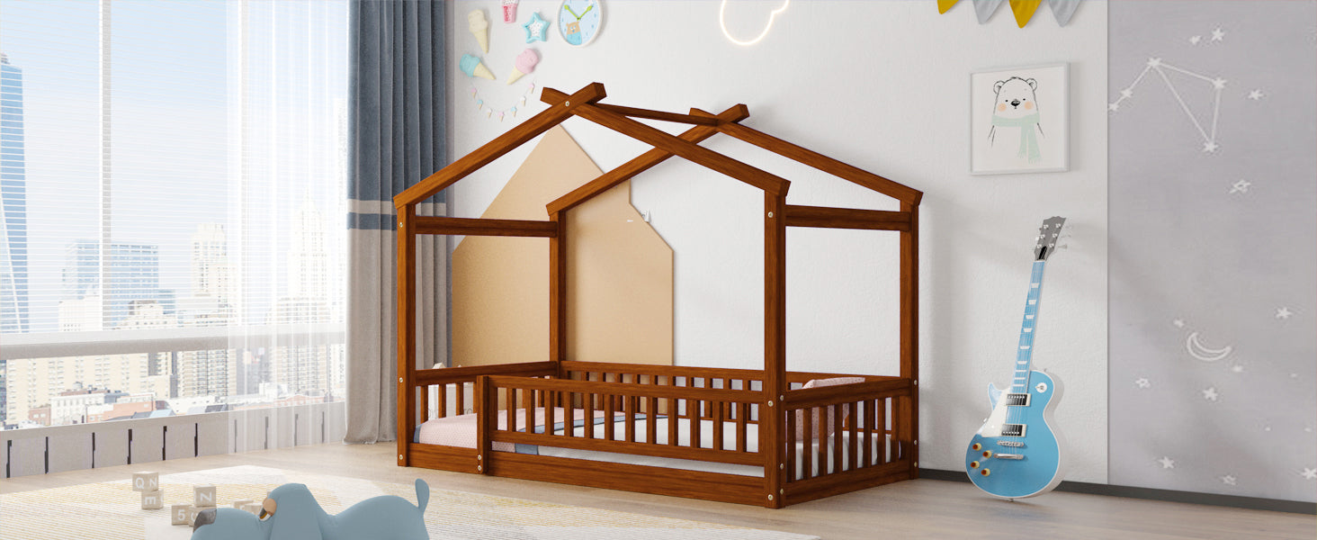 Twin Size Wood Bed House Bed Frame With Fence, For Kids, Teens, Girls, Boys, Walnut Box Spring Not Required Twin Walnut Wood Pine Bed Frame Wood