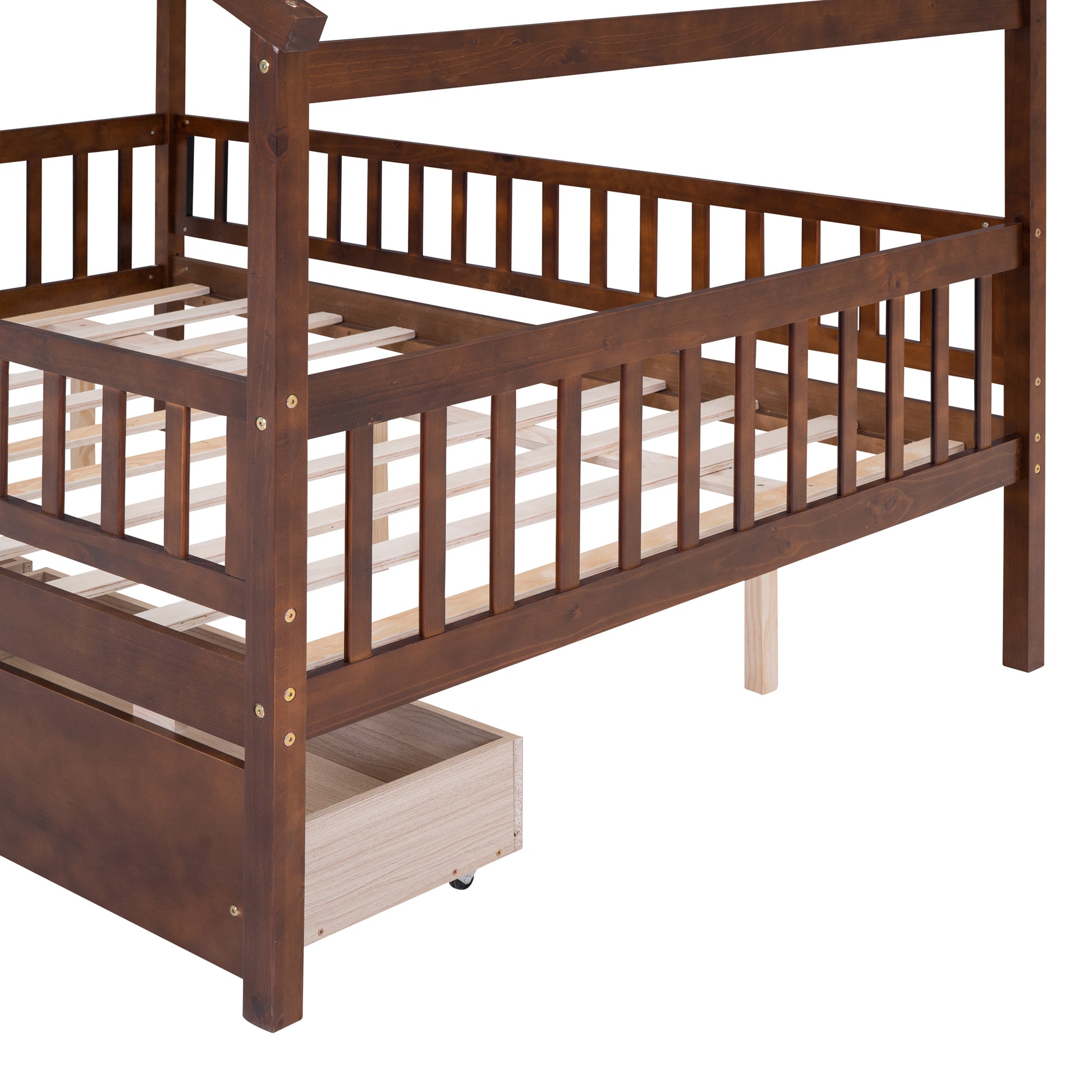 Full Size Wooden House Bed With Two Drawers, Walnut Box Spring Not Required Full Walnut Wood Bedroom Pine Bed Frame Wood