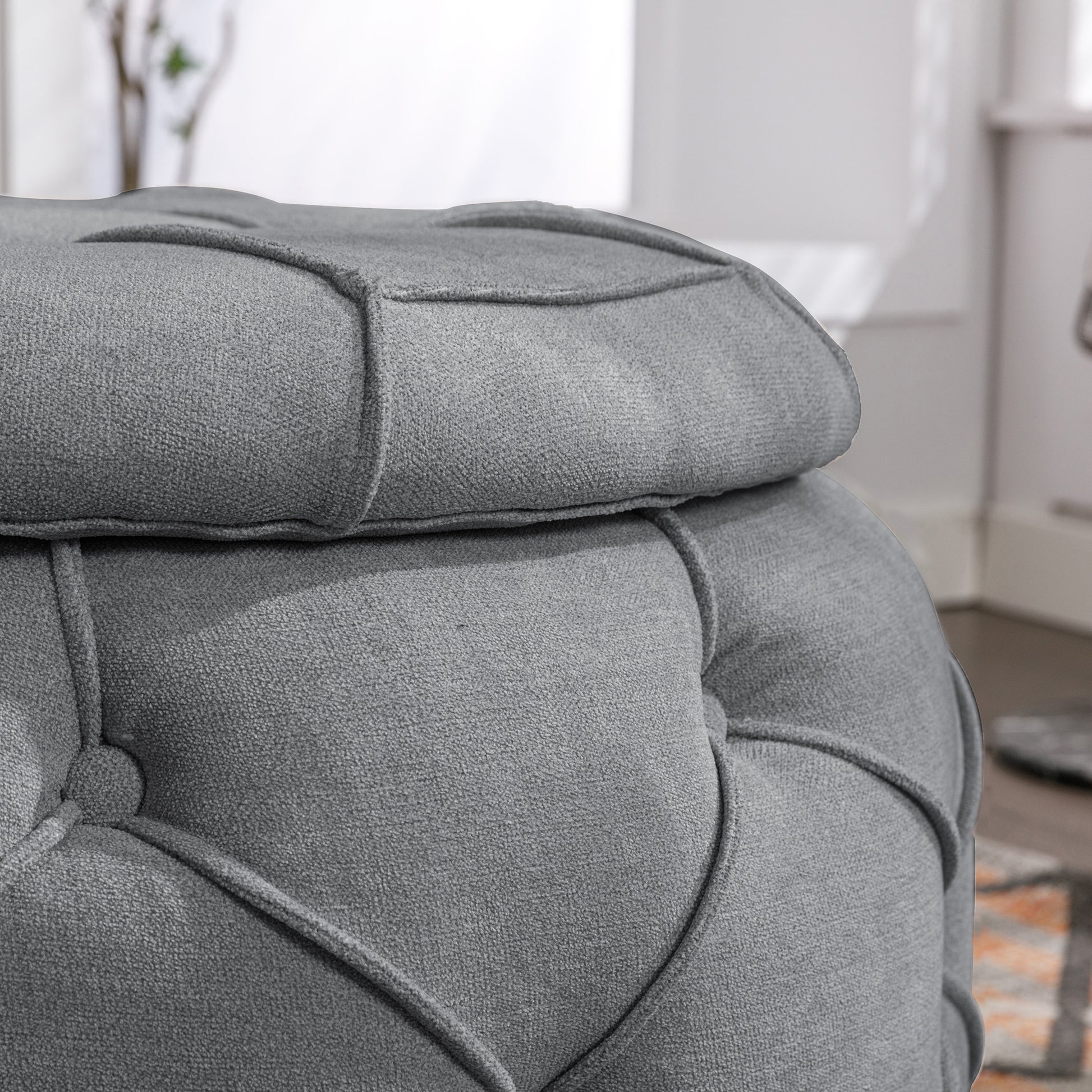 Large Button Tufted Woven Round Storage Ottoman For Living Room & Bedroom,17.7"H Burlap Grey Grey Burlap