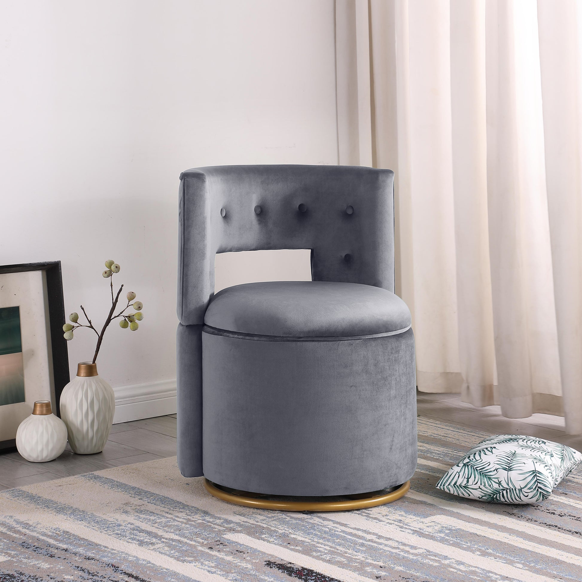 360 Swivel Accent Chair With Storage Function, And Velvet Pillow, Velvet Curved Chair With Gold Metal Base For Living Room, Nursery, Bedroom Video Gray Velvet