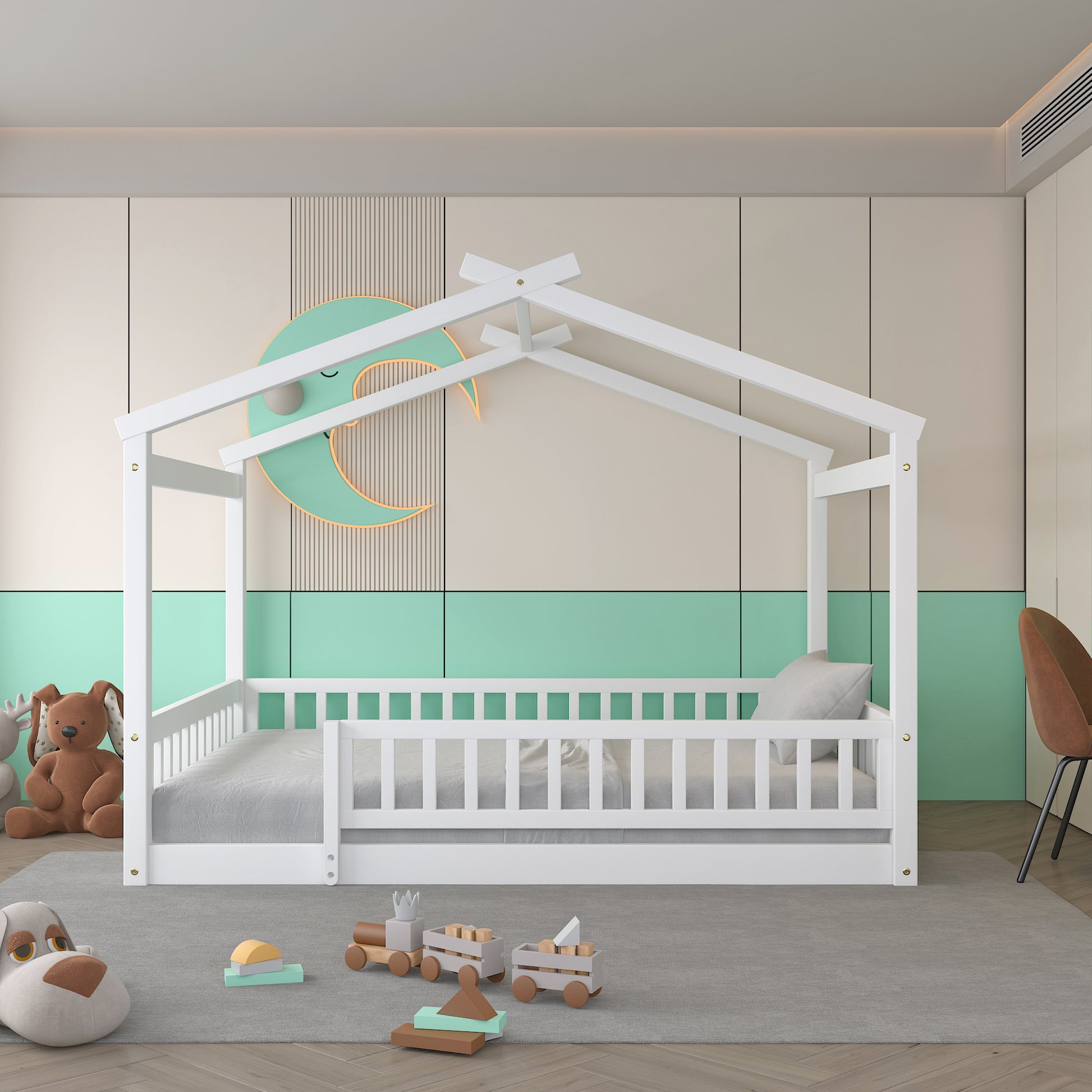 Full Size Wood Bed House Bed Frame With Fence, For Kids, Teens, Girls, Boys,White Box Spring Not Required Full White Wood Pine Bed Frame Wood