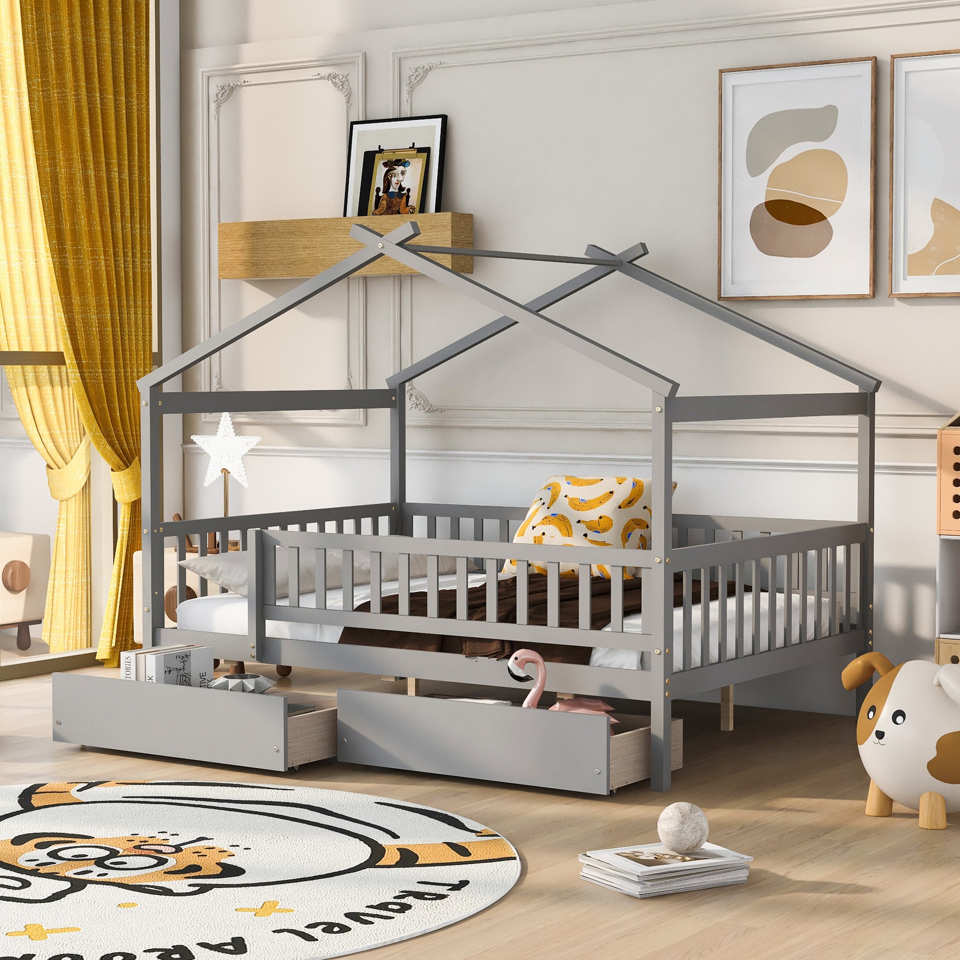 Full Size Wooden House Bed With Two Drawers,Gray Box Spring Not Required Full Gray Wood Gray Bedroom Pine Bed Frame Wood