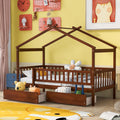 Twin Size Wooden House Bed With Two Drawers, Walnut Box Spring Not Required Twin Walnut Wood Bedroom Pine Bed Frame Wood