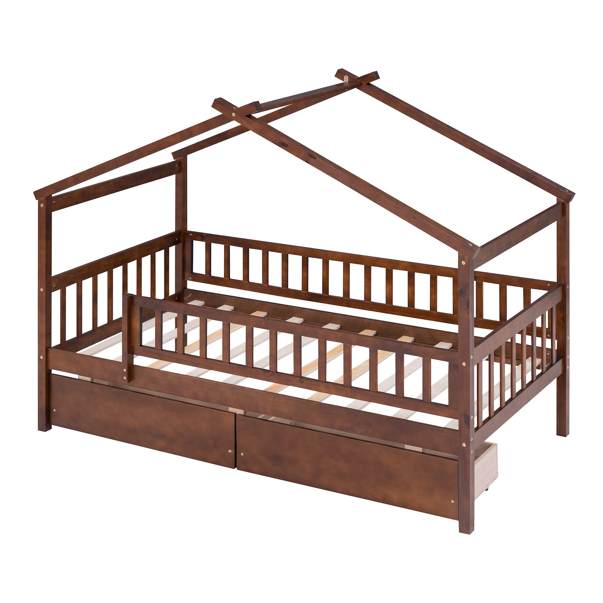 Twin Size Wooden House Bed With Two Drawers, Walnut Box Spring Not Required Twin Walnut Wood Bedroom Pine Bed Frame Wood