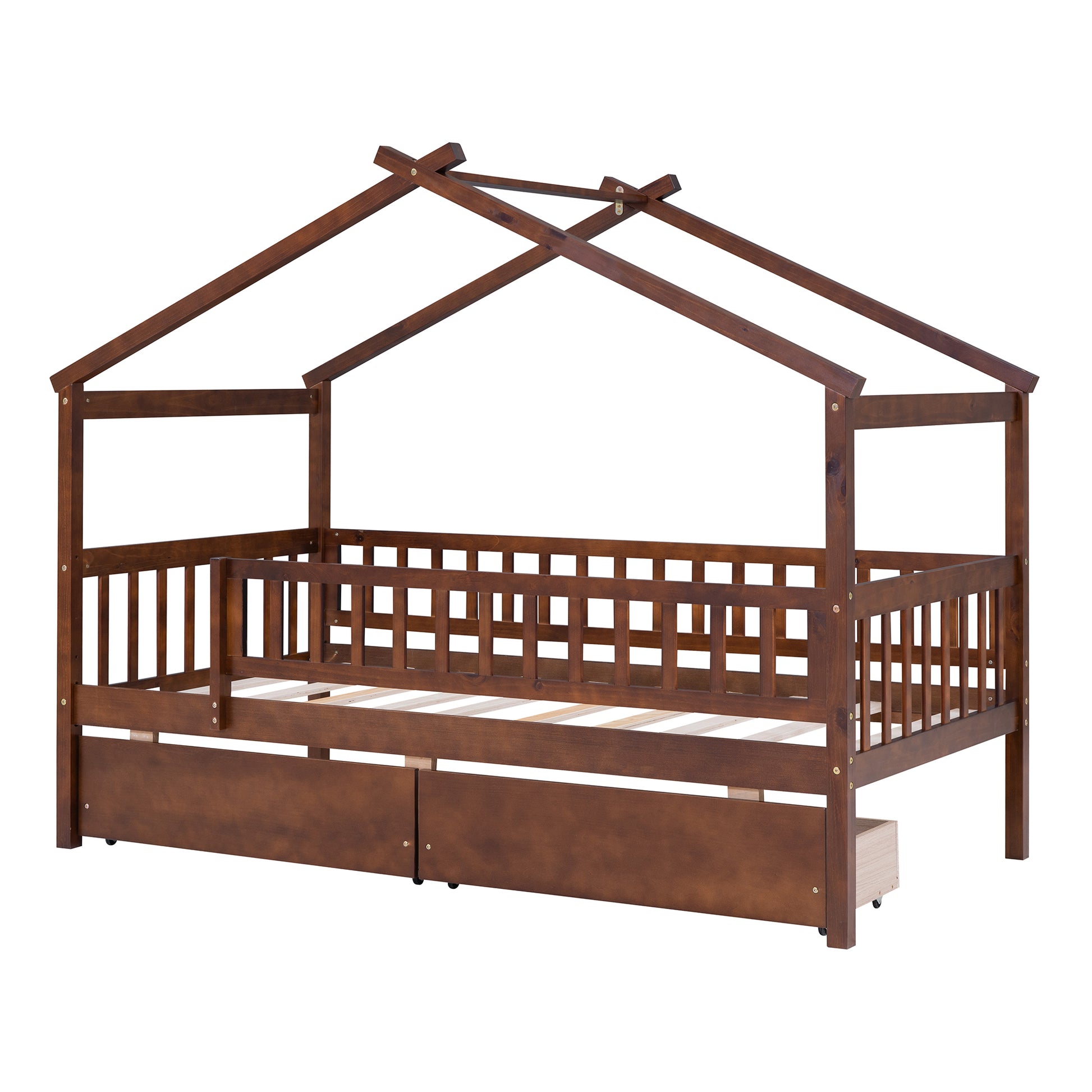 Twin Size Wooden House Bed With Two Drawers, Walnut Box Spring Not Required Twin Walnut Wood Bedroom Pine Bed Frame Wood