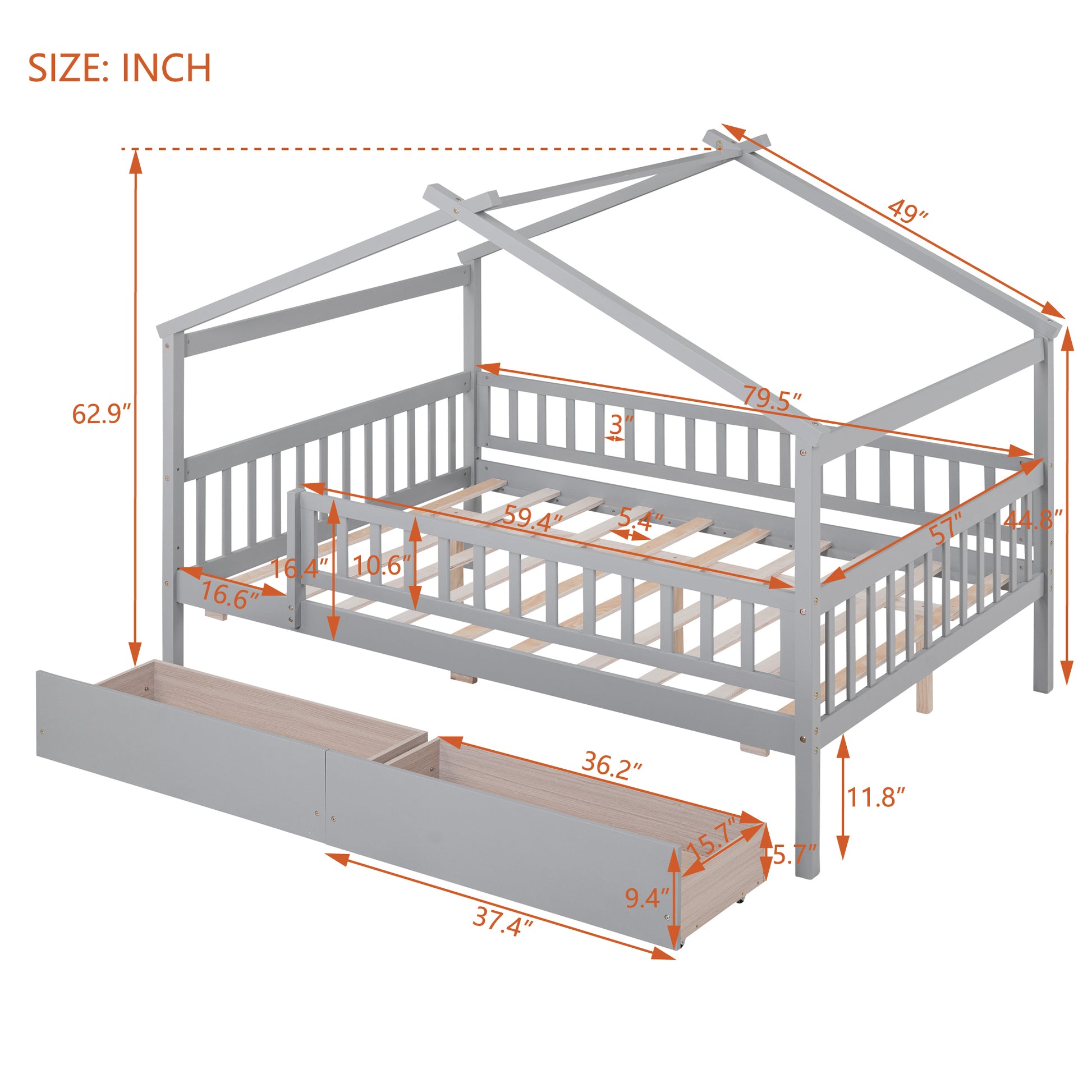 Full Size Wooden House Bed With Two Drawers,Gray Box Spring Not Required Full Gray Wood Gray Bedroom Pine Bed Frame Wood