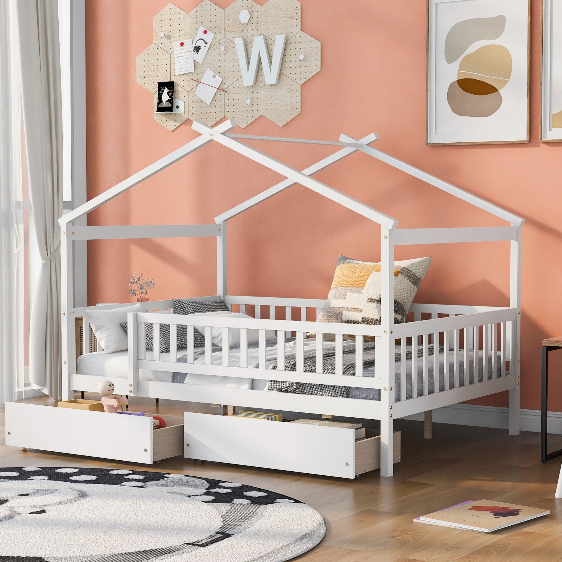 Full Size Wooden House Bed With Two Drawers, White Box Spring Not Required Full White Wood White Bedroom Pine Bed Frame Wood