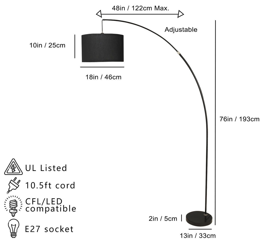 78" Black Arch Floor Lamp With Kd Shade W Double Box 1Pc Ctn 2.15 26.84 Black Metal