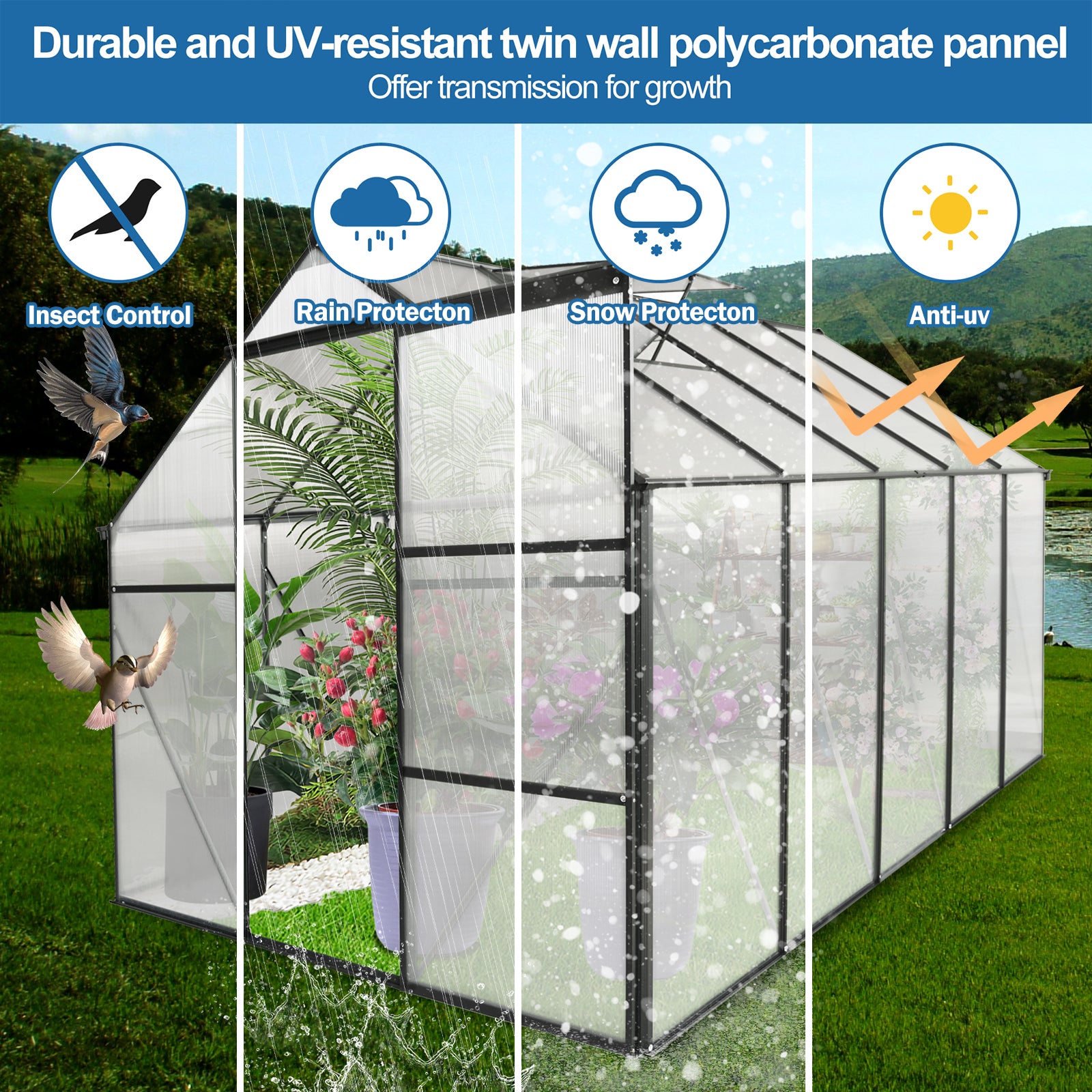 6X10 Ft Polycarbonate Greenhouse Raised Base And Anchor Aluminum Heavy Duty Walk In Greenhouses For Outdoor Backyard In All Season Black Aluminium