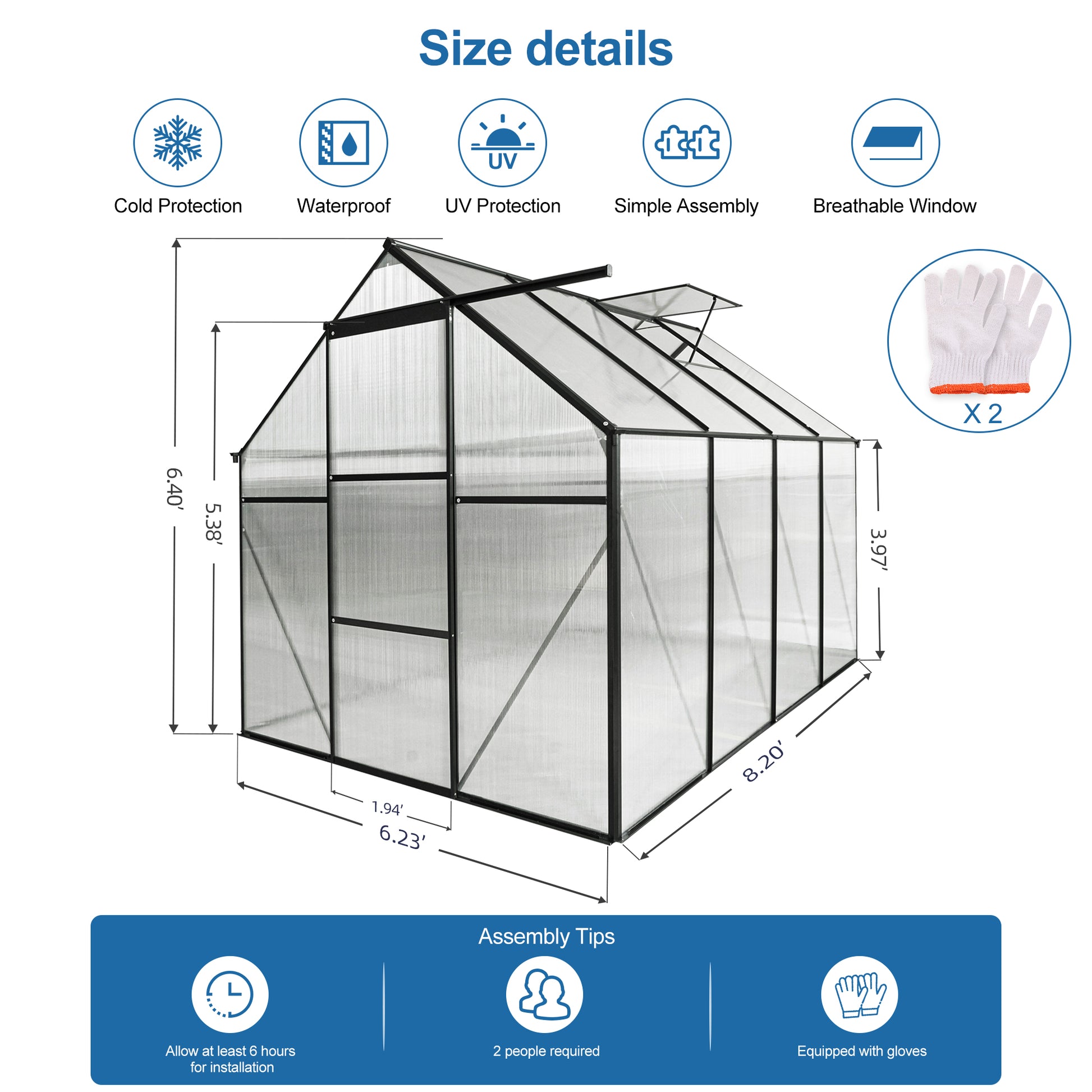 6X8 Ft Polycarbonate Greenhouse Raised Base And Anchor Aluminum Heavy Duty Walk In Greenhouses For Outdoor Backyard In All Season Black Aluminum