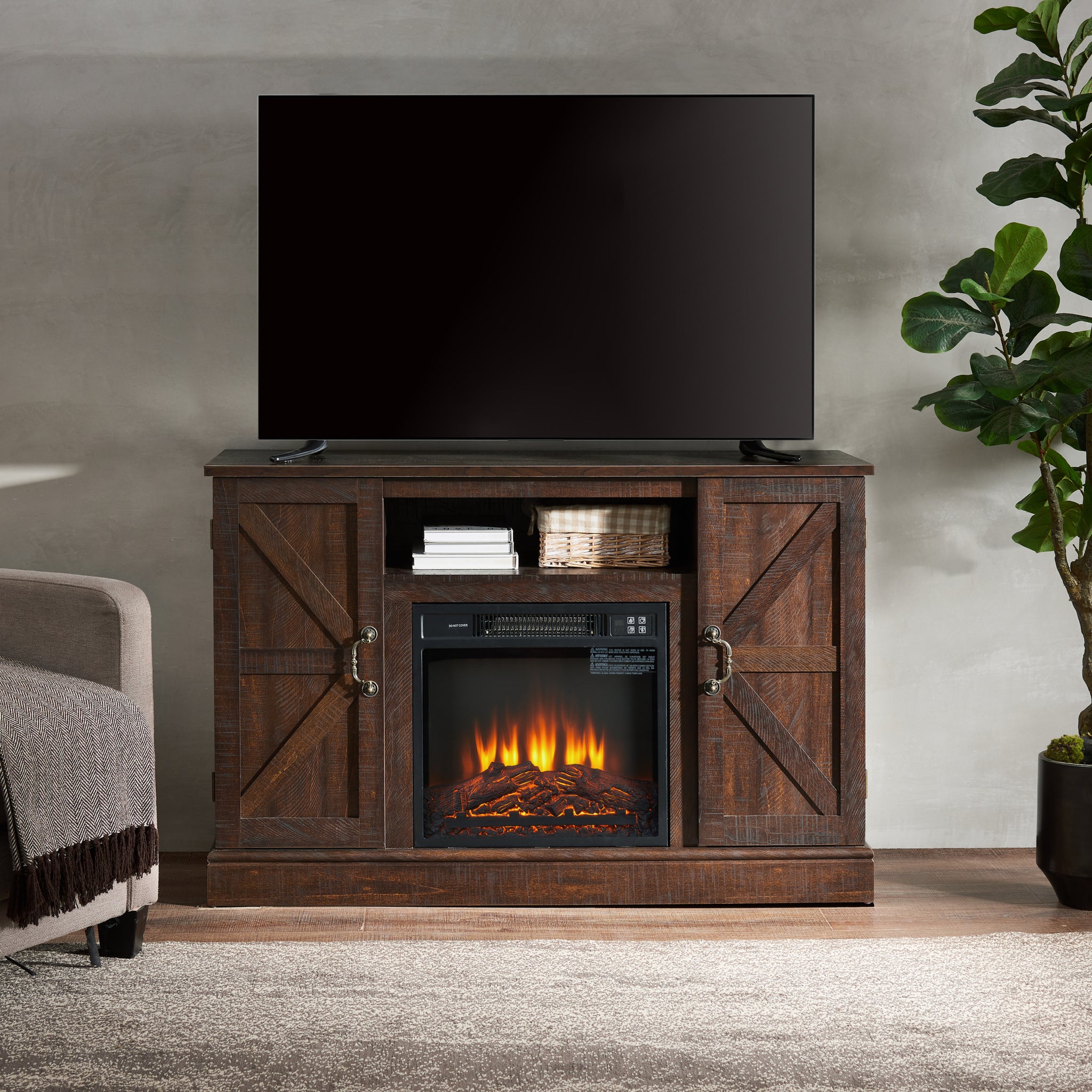 Farmhouse Classic Media Tv Stand Antique Entertainment Console For Tv Up To 50" With 18" Electric Fireplace Insert With Open And Closed Storage Space, Espresso 47"W*15.5"D*30.75"H Espresso Primary Living Space 50 Inches 40 49 Inches Farmhouse 50 Inches