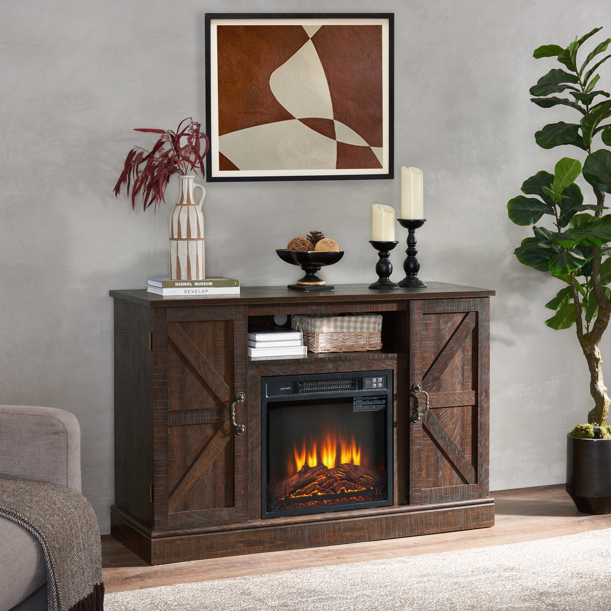 Farmhouse Classic Media Tv Stand Antique Entertainment Console For Tv Up To 50" With 18" Electric Fireplace Insert With Open And Closed Storage Space, Espresso 47"W*15.5"D*30.75"H Espresso Primary Living Space 50 Inches 40 49 Inches Farmhouse 50 Inches