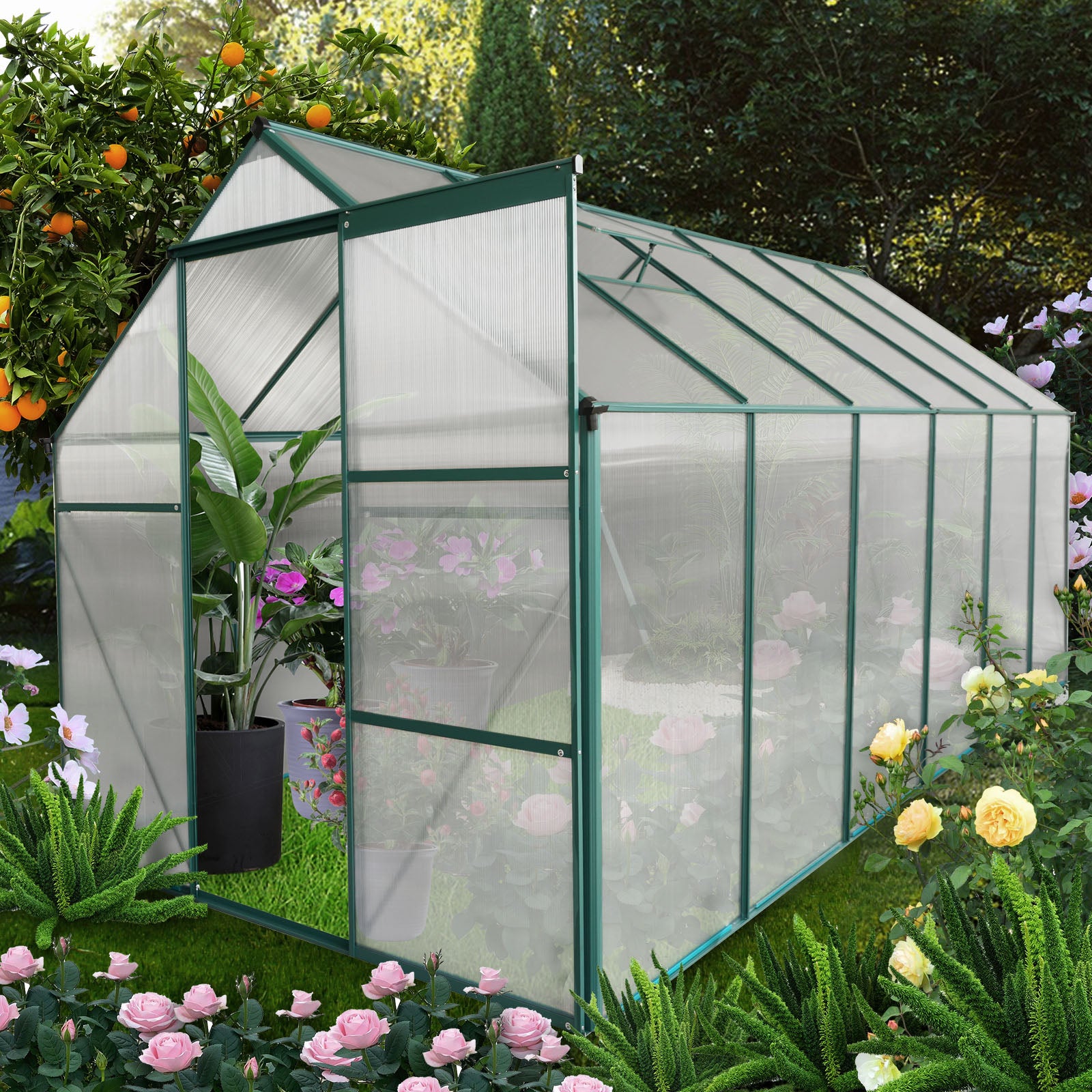 6X12 Ft Polycarbonate Greenhouse Raised Base And Anchor Aluminum Heavy Duty Walk In Greenhouses For Outdoor Backyard In All Season Green Aluminium