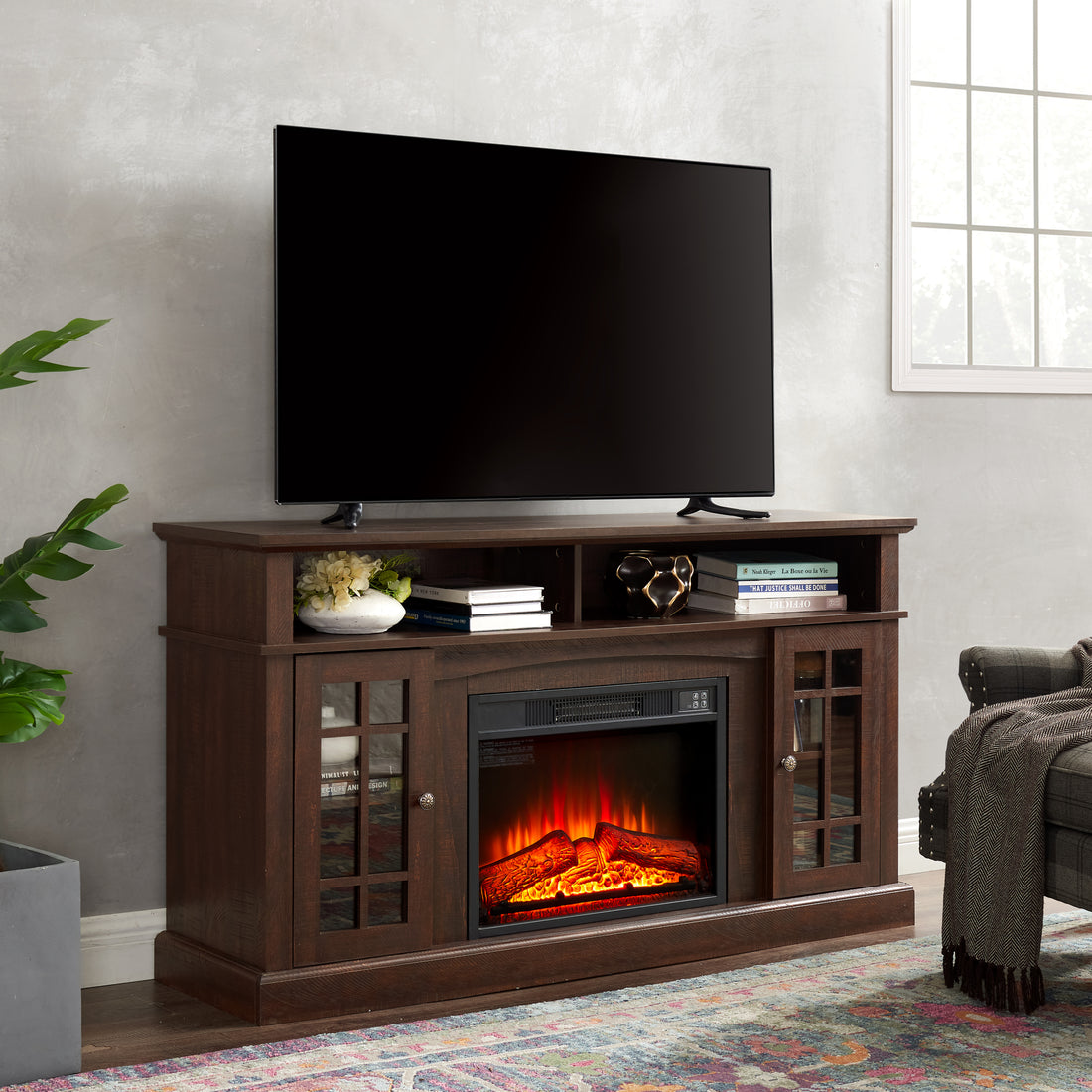 Classic Tv Media Stand Modern Entertainment Console With 23" Fireplace Insert For Tv Up To 65" With Open And Closed Storage Space, Espresso, 58.25"W*15.75"D*32"H Espresso Primary Living Space 65 Inches 60 69 Inches American Traditional 65 Inches Mdf