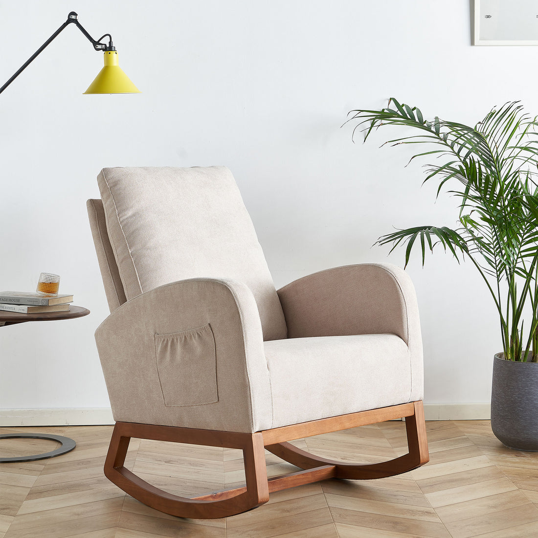 27.56'' Wide Linen Rocking Chair Accent Chair In Beige Color Beige Brown Primary Living Space Modern Rubberwood Foam Linen
