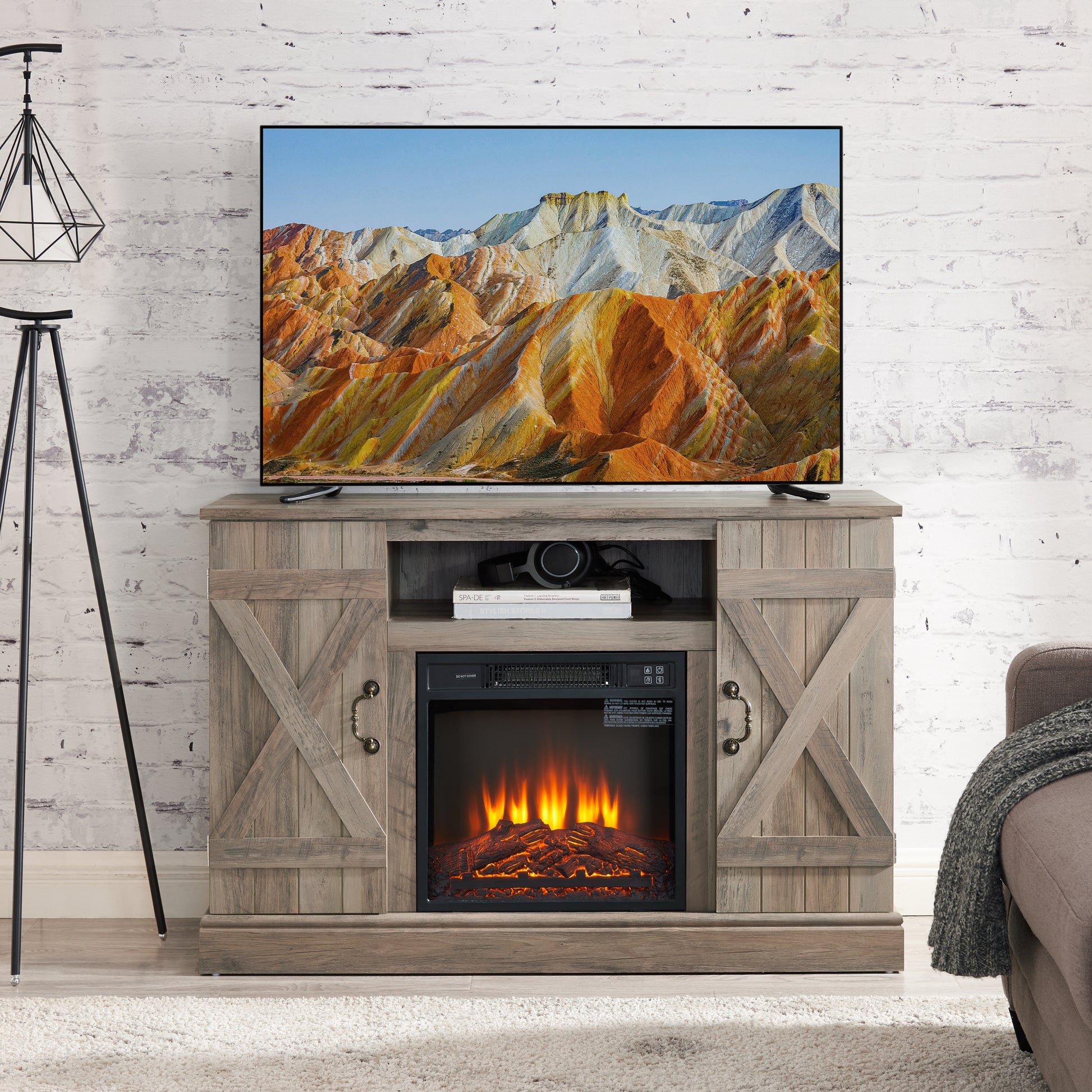 Farmhouse Classic Media Tv Stand Antique Entertainment Console With 18" Electric Fireplace Insert For Tv Up To 50" With Open And Closed Storage Space, Gray Wash 47"W*15.5"D*30.75"H Gray Wash Primary Living Space 50 Inches 40 49 Inches Farmhouse 50 Inches