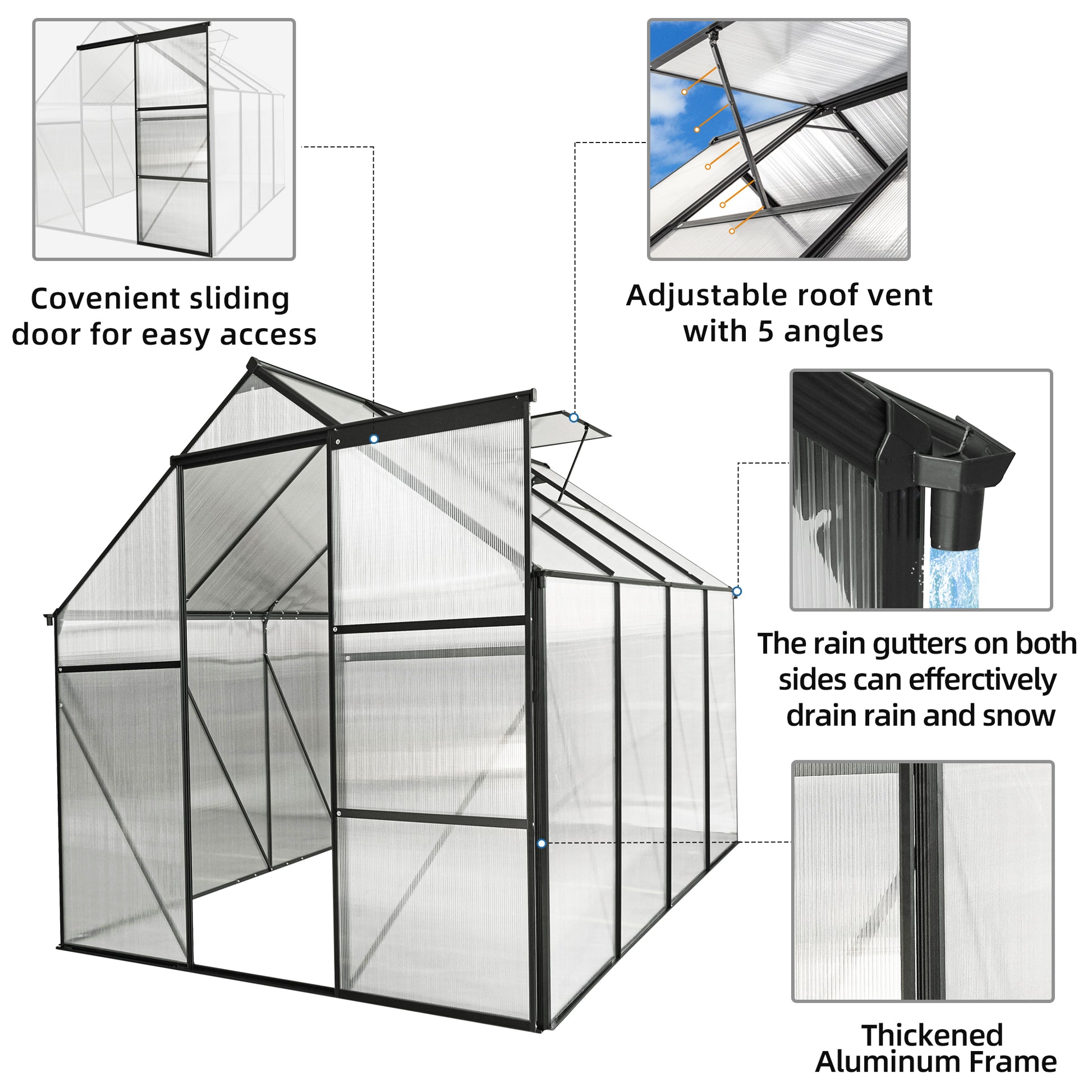 6X8 Ft Polycarbonate Greenhouse Raised Base And Anchor Aluminum Heavy Duty Walk In Greenhouses For Outdoor Backyard In All Season Black Aluminum