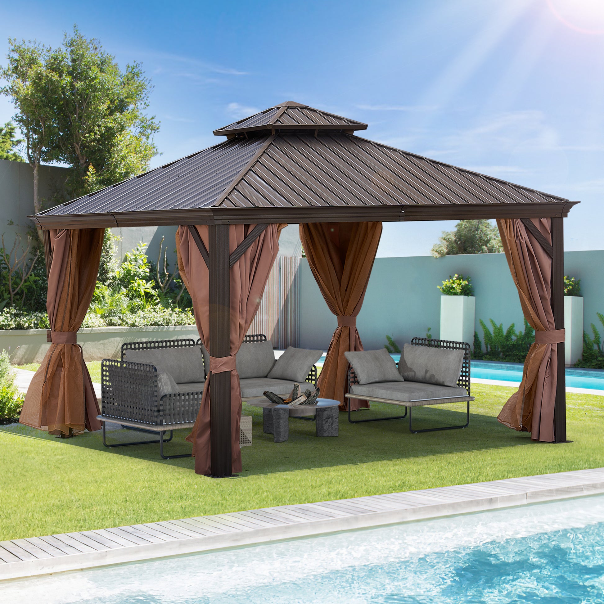 12*12Ft Patic Gazebo,Alu Gazebo With Steel Canopy,Outdoor Permanent Hardtop Gazebo Canopy For Patio, Garden, Backyard Bronze Steel