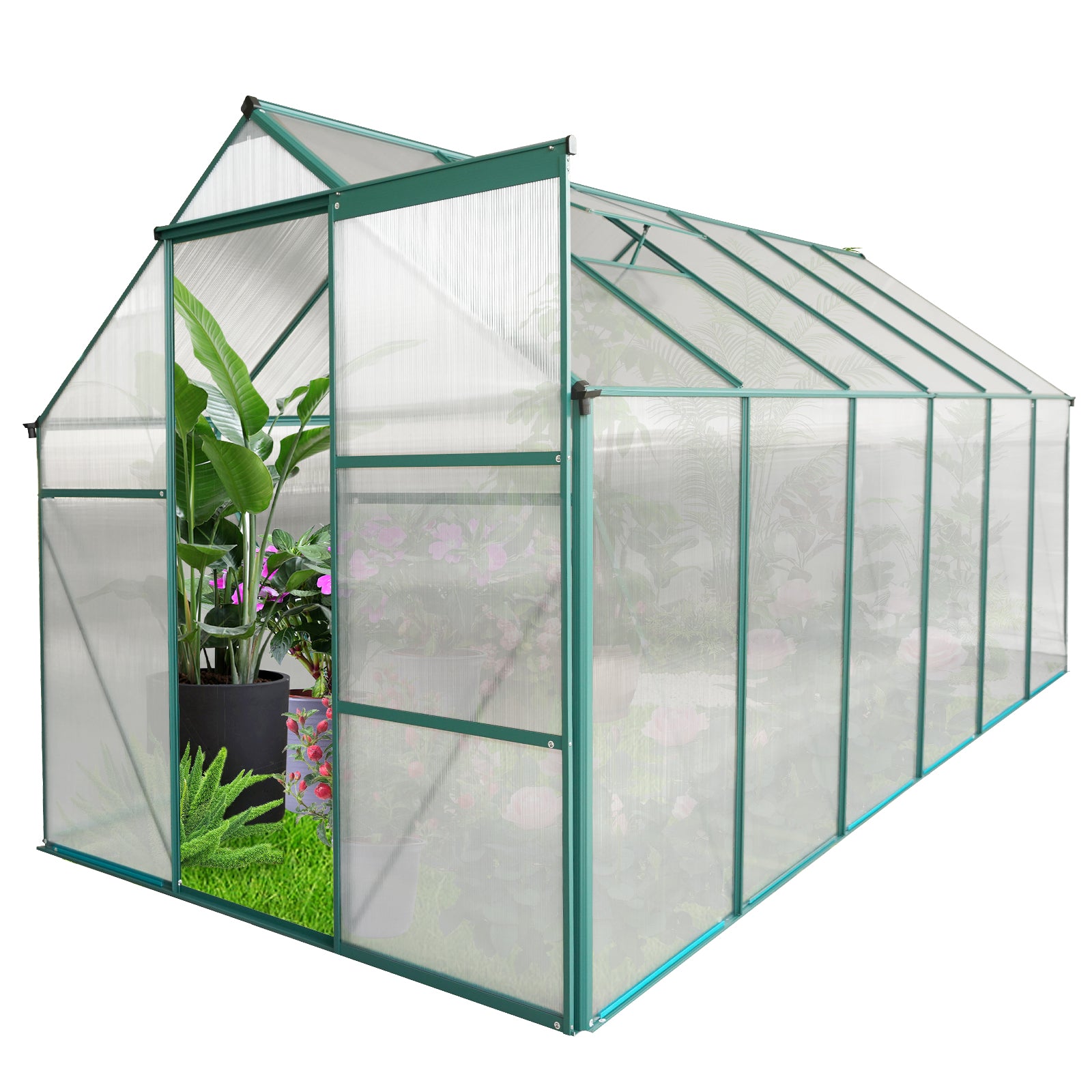 6X12 Ft Polycarbonate Greenhouse Raised Base And Anchor Aluminum Heavy Duty Walk In Greenhouses For Outdoor Backyard In All Season Green Aluminium