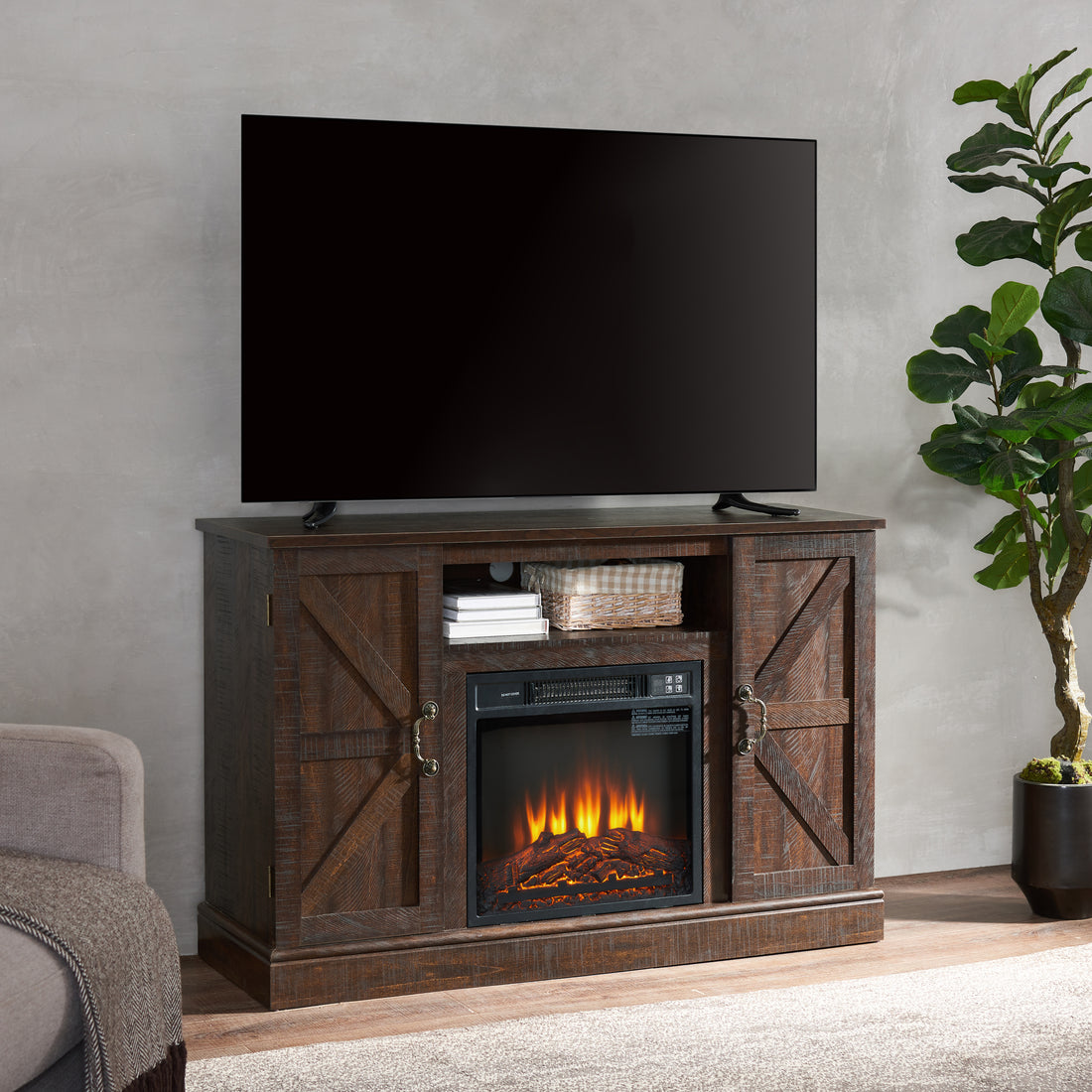 Farmhouse Classic Media Tv Stand Antique Entertainment Console For Tv Up To 50" With 18" Electric Fireplace Insert With Open And Closed Storage Space, Espresso 47"W*15.5"D*30.75"H Espresso Primary Living Space 50 Inches 40 49 Inches Farmhouse 50 Inches