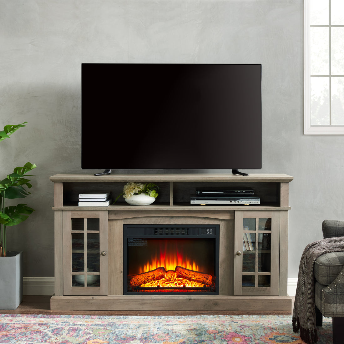 Classic Tv Media Stand Modern Entertainment Console With 23" Fireplace Inset For Tv Up To 65" With Open And Closed Storage Space, Gray Wash, 58.25"W*15.75"D*32"H Gray Wash Primary Living Space 65 Inches 60 69 Inches American Traditional 65 Inches Mdf