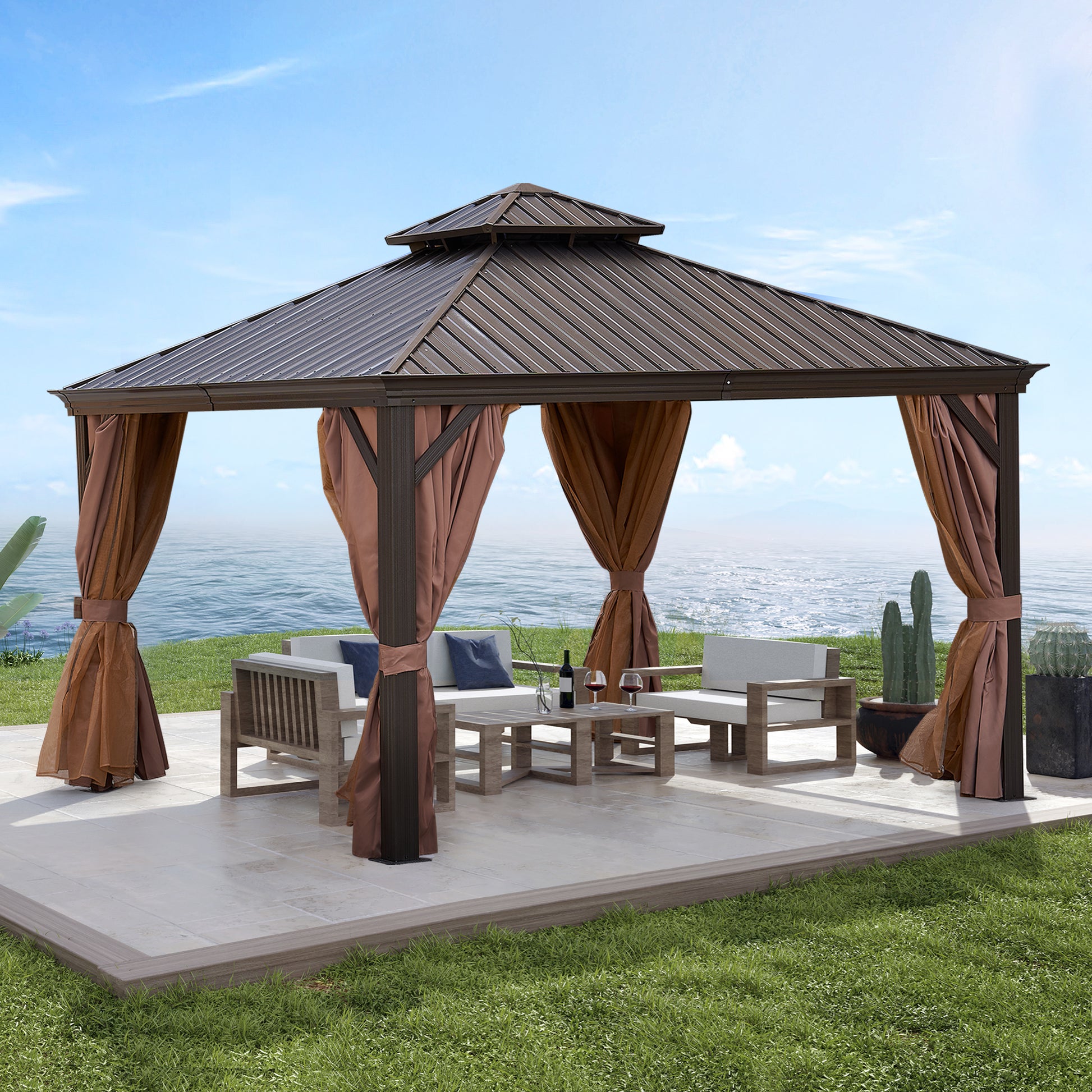 12*12Ft Patic Gazebo,Alu Gazebo With Steel Canopy,Outdoor Permanent Hardtop Gazebo Canopy For Patio, Garden, Backyard Bronze Steel