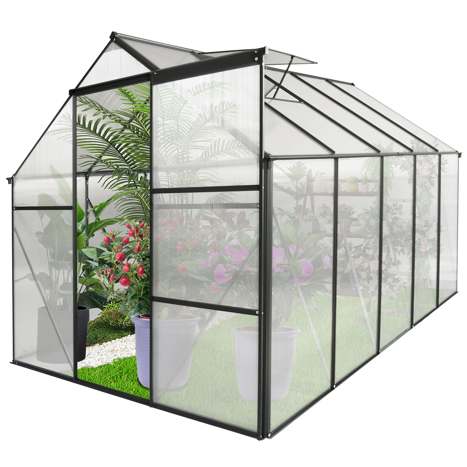 6X10 Ft Polycarbonate Greenhouse Raised Base And Anchor Aluminum Heavy Duty Walk In Greenhouses For Outdoor Backyard In All Season Black Aluminium