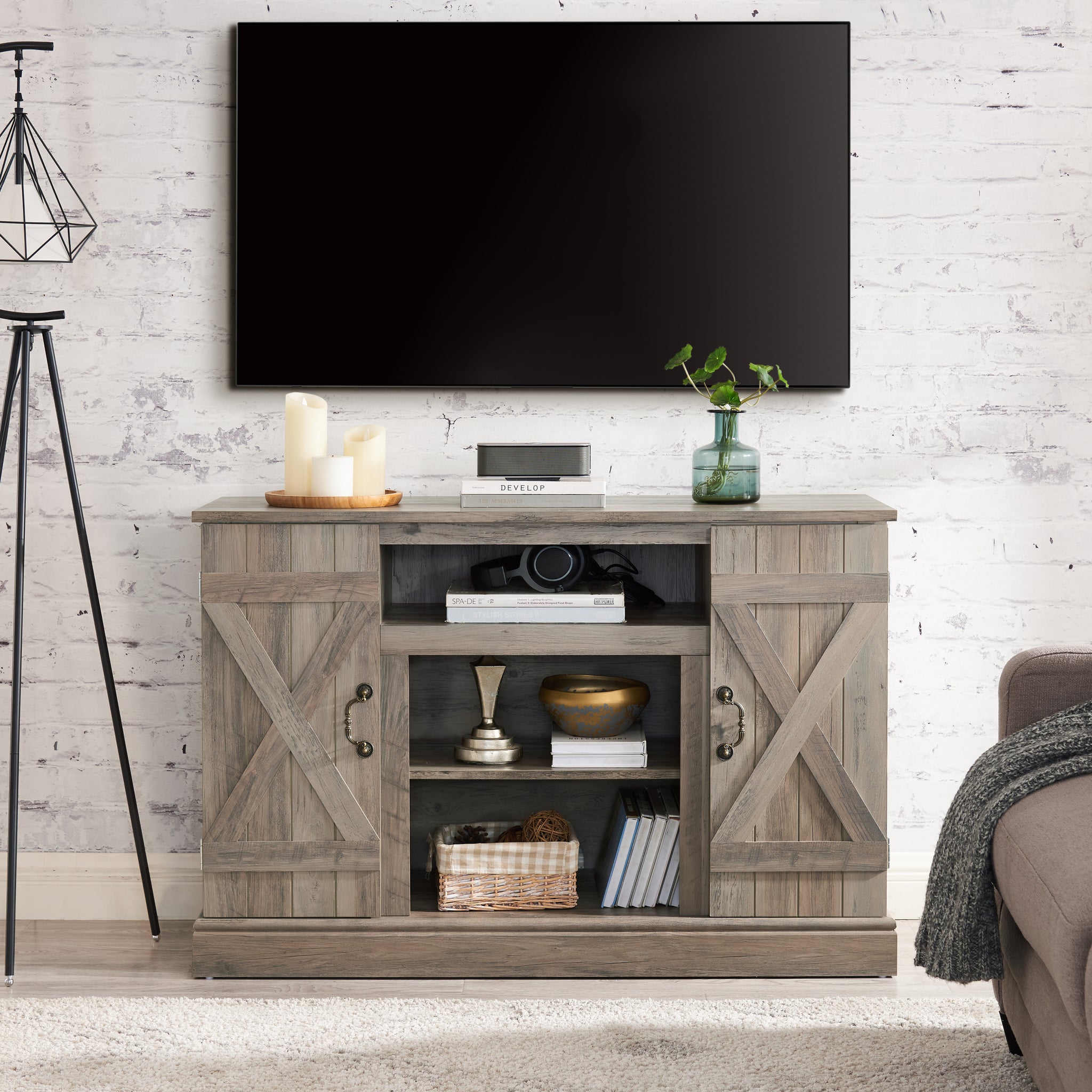 Farmhouse Classic Media Tv Stand Antique Entertainment Console For Tv Up To 50" With Open And Closed Storage Space, Gray Wash, 47"W*15.5"D*30.75"H Gray Wash Primary Living Space 50 Inches 40 49 Inches Farmhouse 50 Inches Mdf