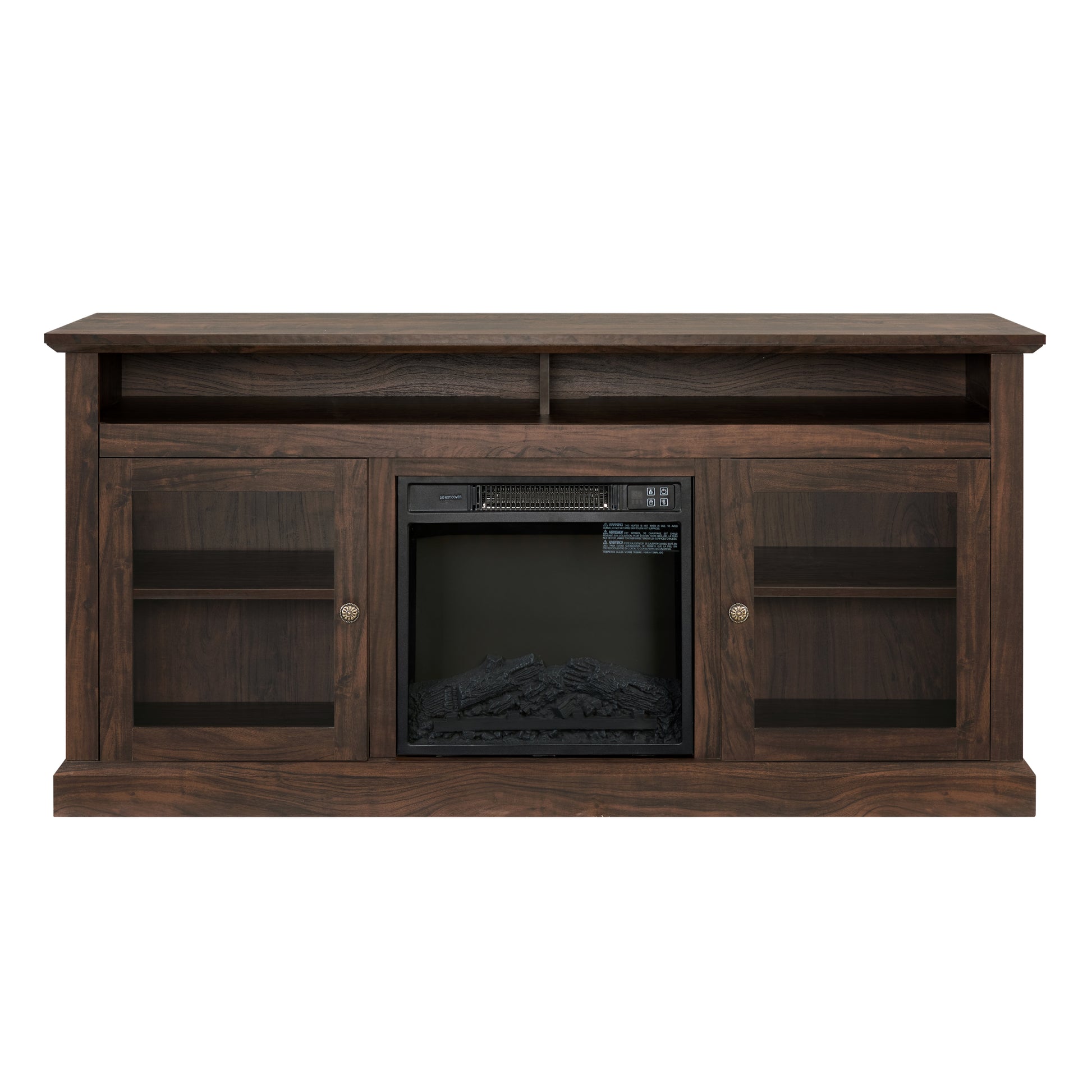 Contemporary Tv Media Stand Modern Entertainment Console With 18" Fireplace Insert For Tv Up To 65" With Open And Closed Storage Space, Brown, 60"W*15.75"D*29"H Brown Primary Living Space 60 69 Inches 60 69 Inches American Traditional 65 Inches Mdf