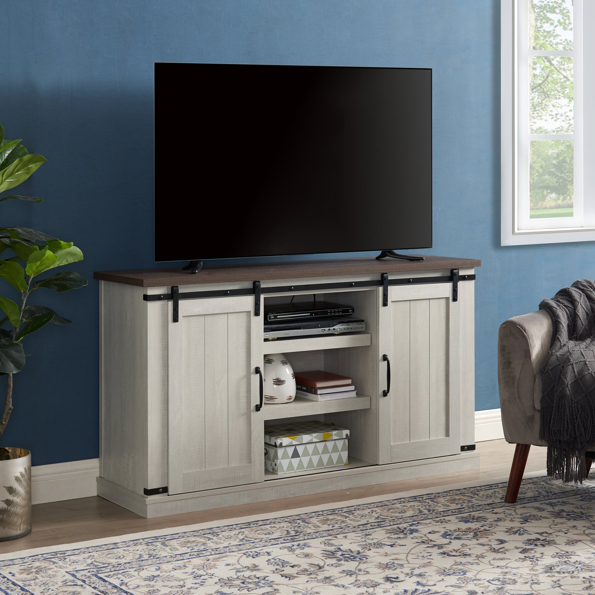 Classic Farmhouse Media Tv Stand Transitional Entertainment Console For Tv Up To 60" With Sliding Doors And Open Storage Space, Light Gray, 54.5"W*15.75"D*30.5"H Light Gray Primary Living Space 60 Inches 50 59 Inches Farmhouse 60 Inches Mdf