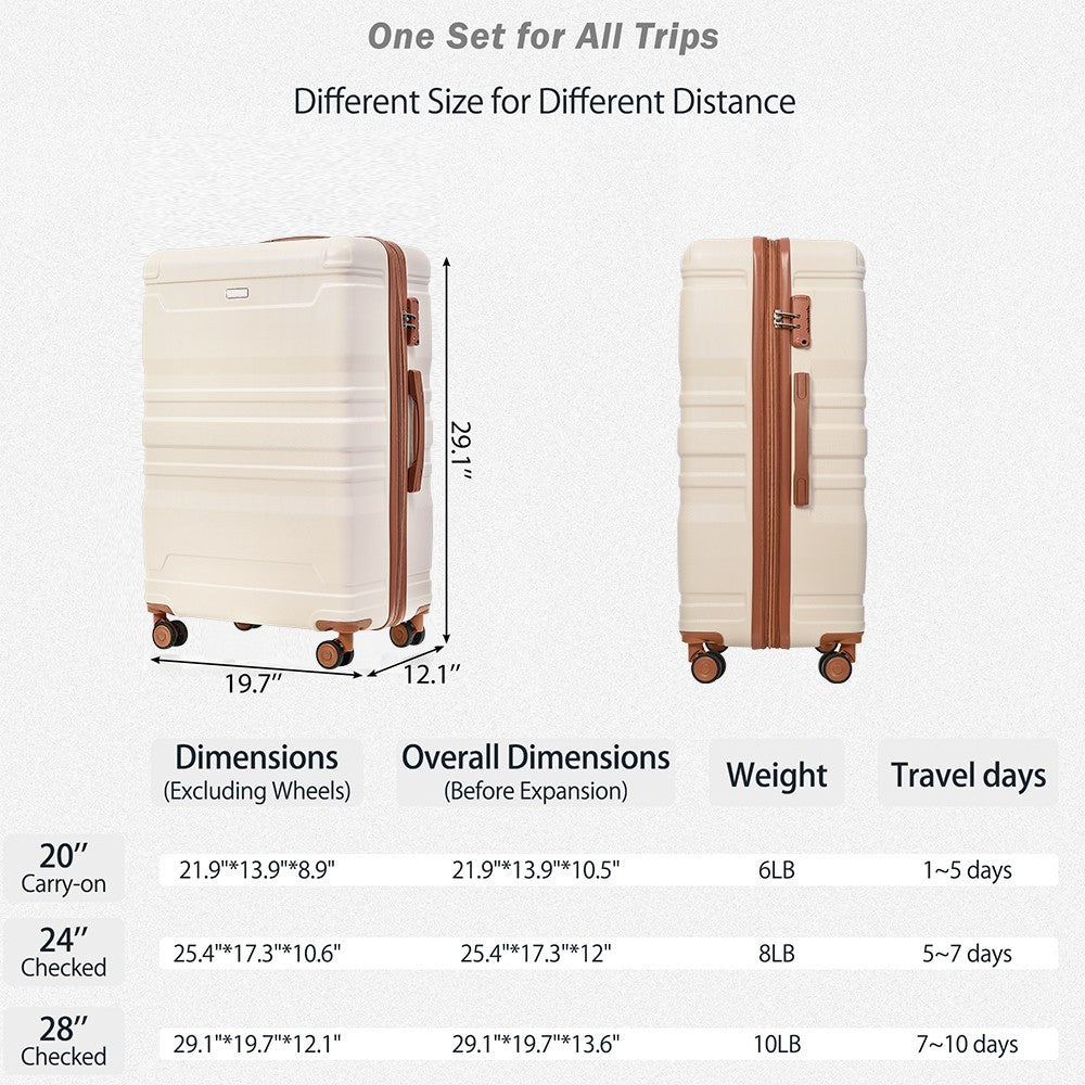 Luggage Sets 4 Piece, Expandable Abs Durable Suitcase With Travel Bag, Carry On Luggage Suitcase Set With 360 Spinner Wheels, Ivory And Brown Beige Brown Abs