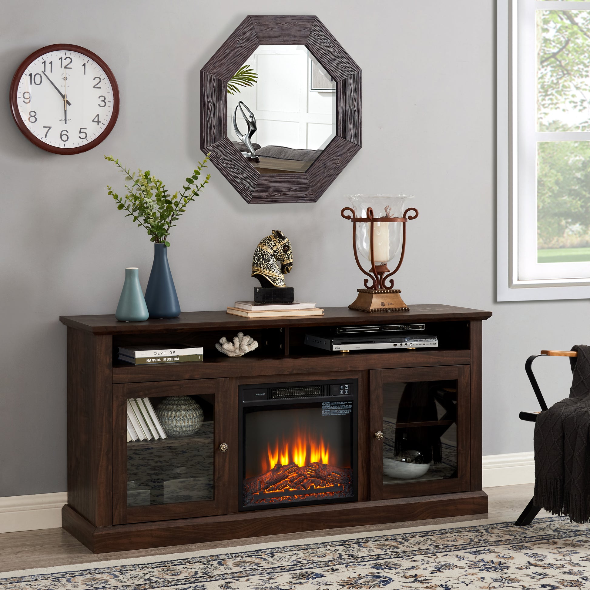 Contemporary Tv Media Stand Modern Entertainment Console With 18" Fireplace Insert For Tv Up To 65" With Open And Closed Storage Space, Brown, 60"W*15.75"D*29"H Brown Primary Living Space 60 69 Inches 60 69 Inches American Traditional 65 Inches Mdf