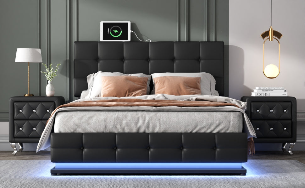 3 Pieces Bedroom Sets,Queen Size Upholstered Bed With Led Lights,Hydraulic Storage System And Usb Charging Station, Two Nightstands With Crystal Decoration,Black Black Upholstered