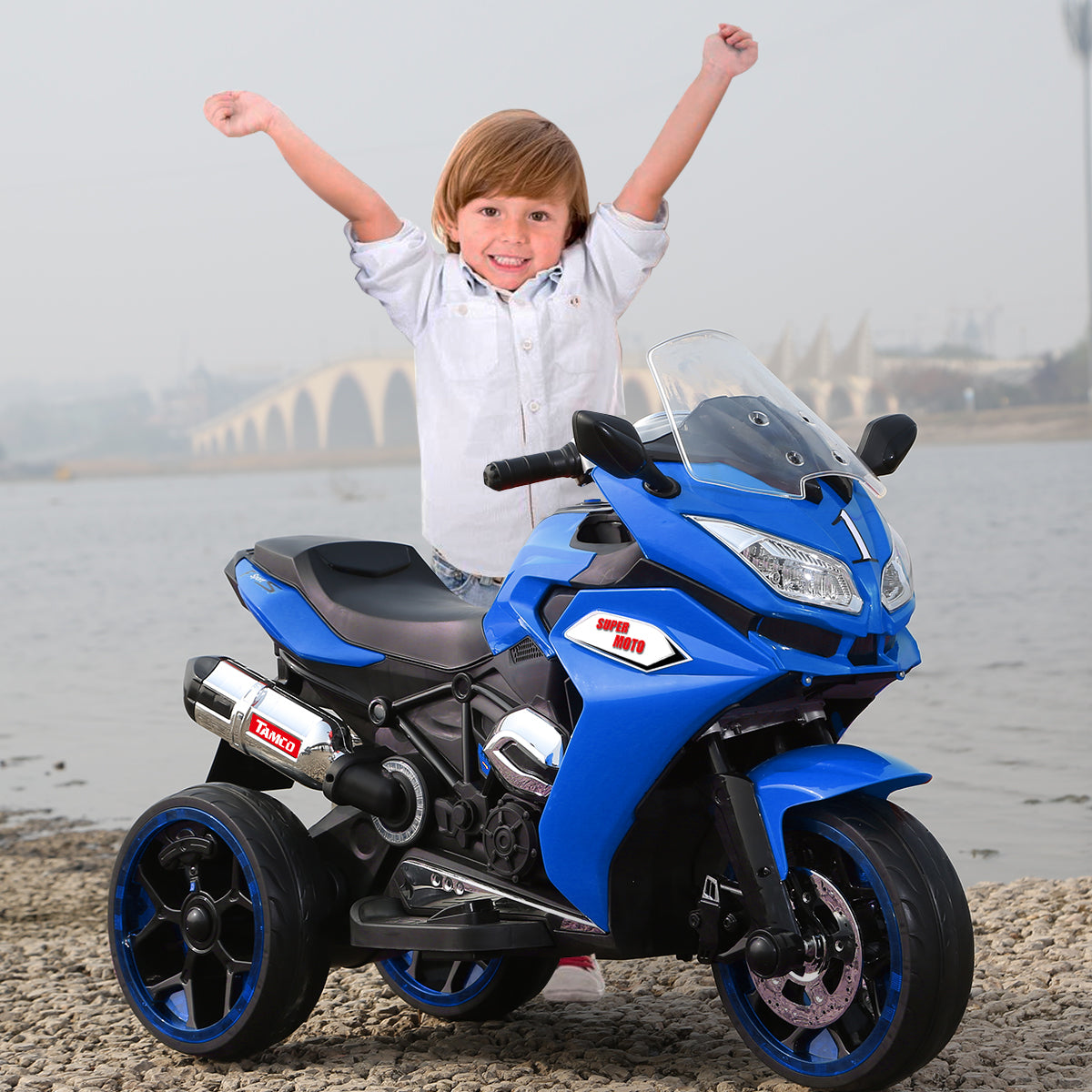 Tamco 12V Kids Electric Motorcycle Ride On Motorcycle, Three Lighting Wheels Kids Electric Motorcycle Electric Ride On Car Blue 50 99 Lbs Plastic Indoor & Outdoor Use