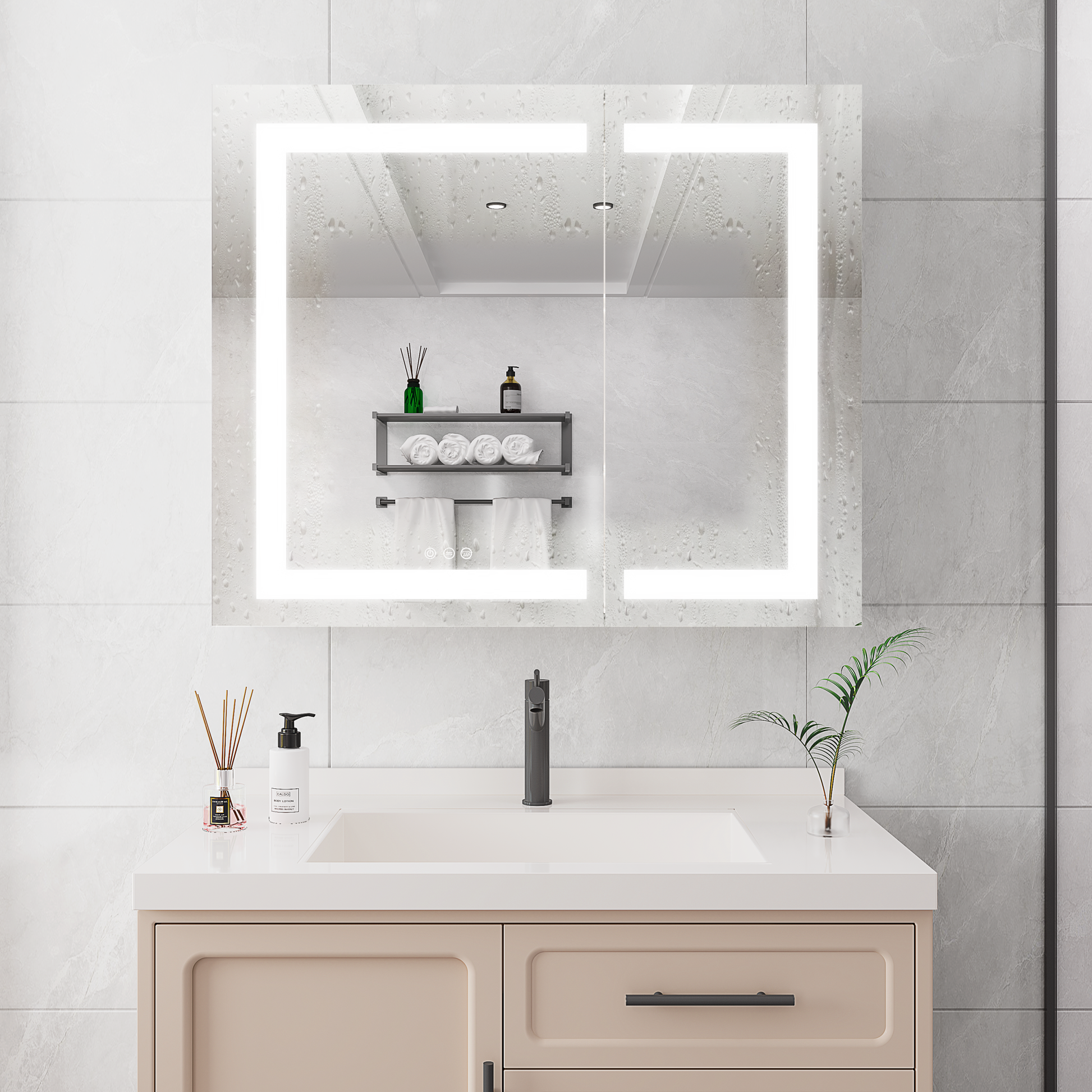 36X30 Inch Medicine Cabinet With Led Vanity Mirror, Anti Fog Recessed Or Surface Mount Bathroom Double Door Large Storage 3000K 6000K Bright Lighted Aluminum Storage Cabinet With Touch Switch Mirror Included Bathroom Powder Coated 4 Silver 2 3 36 To 47