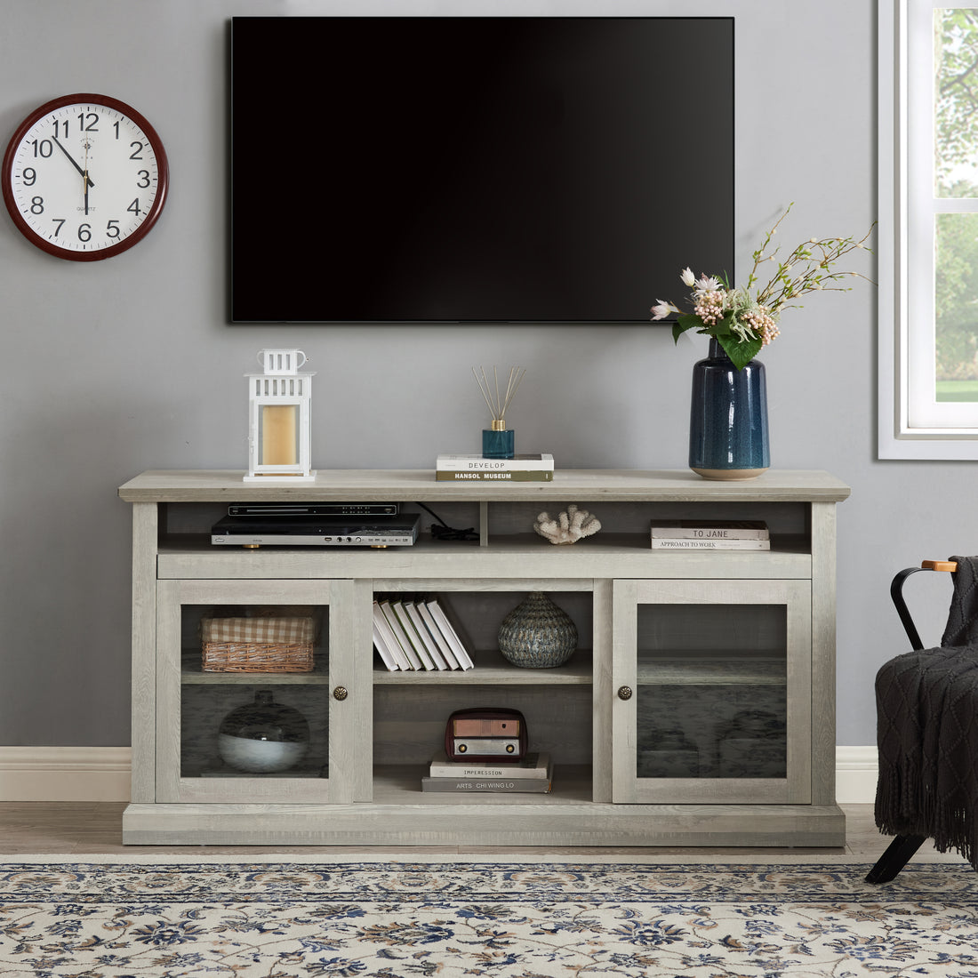 Contemporary Tv Media Stand Modern Entertainment Console For Tv Up To 65" With Open And Closed Storage Space, Stone Gray, 60"W*15.75"D*29"H Stone Gray Primary Living Space 60 69 Inches 60 69 Inches American Traditional 65 Inches Mdf